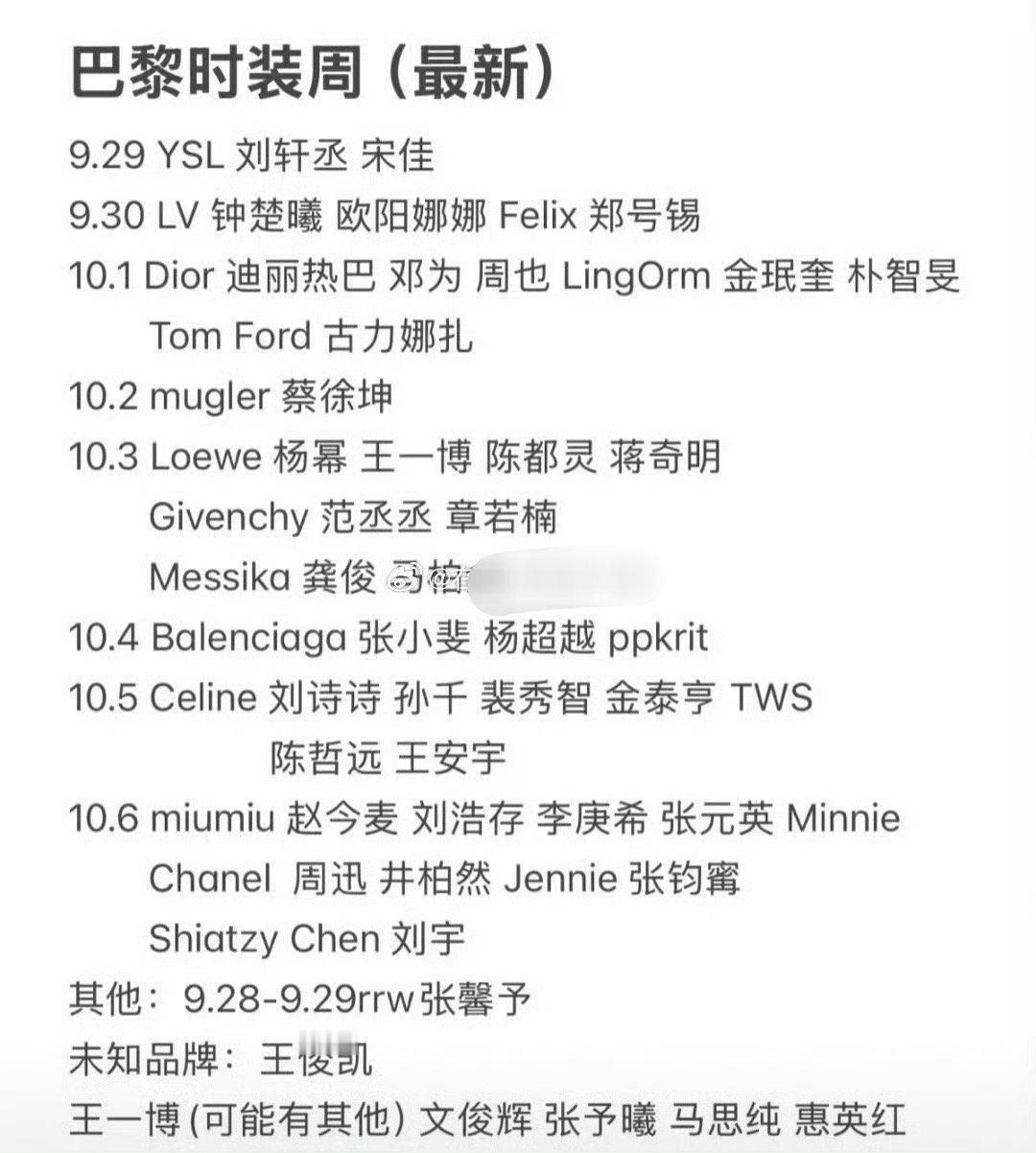 巴黎时装周最新名单，人还挺多的 ​​​