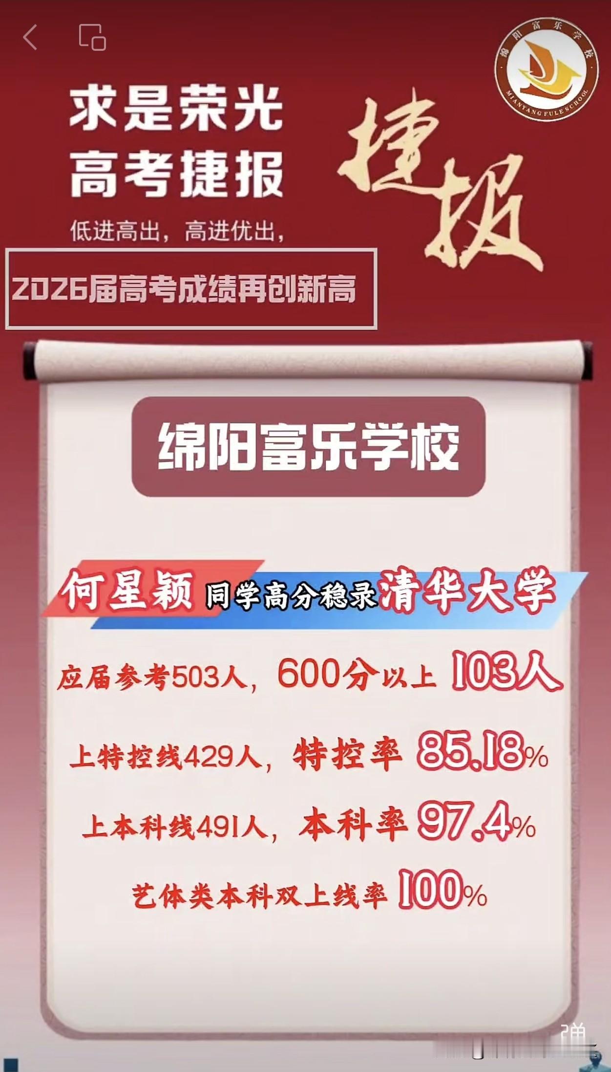 稳录清华，绵阳富乐学校高考喜报