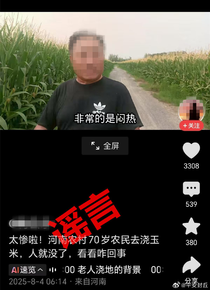 【#70岁农民浇玉米身亡系谣言#】#男子造谣70岁农民浇玉米身亡被查处#据平安封