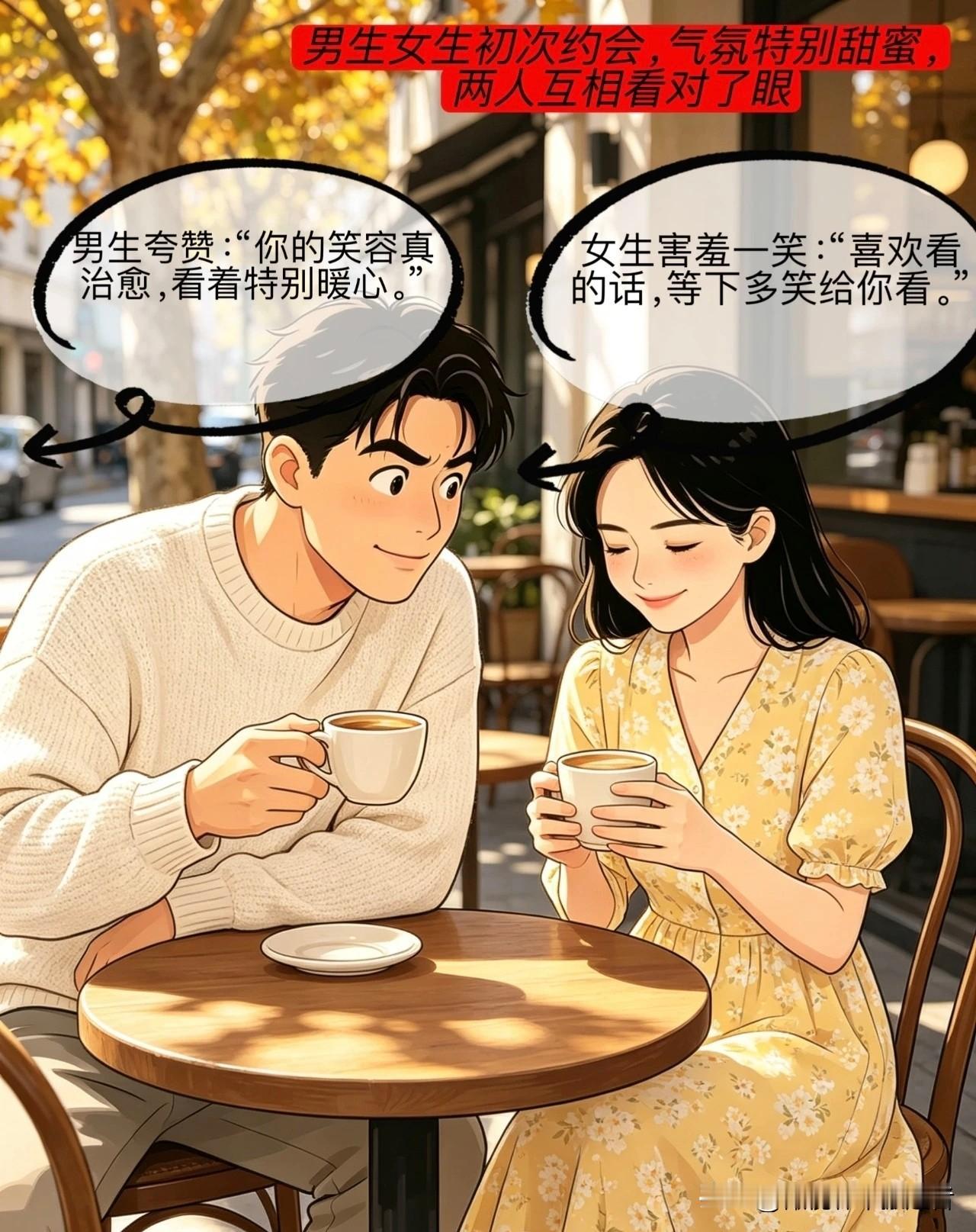 趣味漫画：男生女生初次约会，气氛特别甜蜜，两人互相看对了眼。男生夸赞：“你的笑容