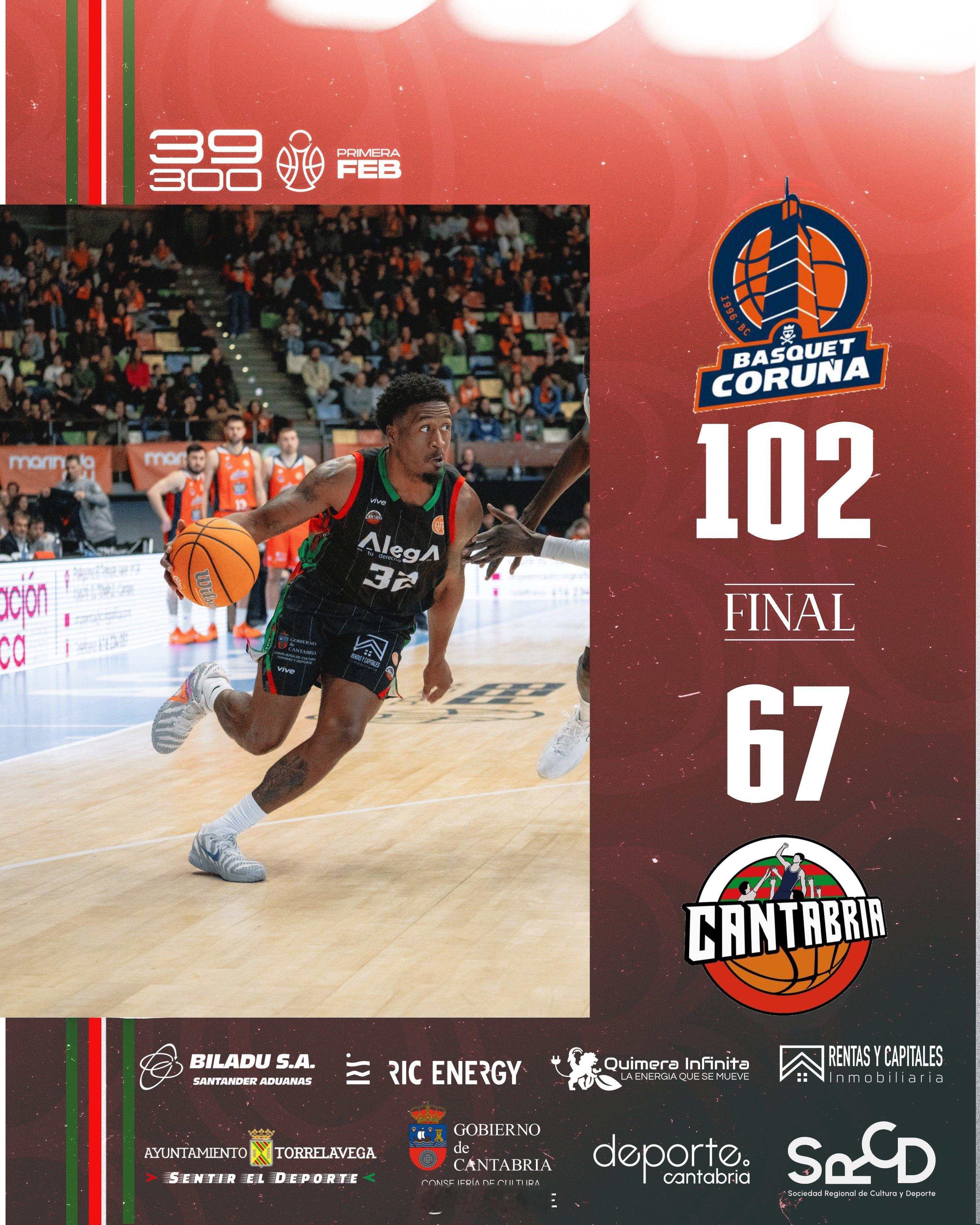 今天结束的一场西乙常规赛，埃斯特拉男篮在客场以67比102输给拉科鲁尼亚男篮，余