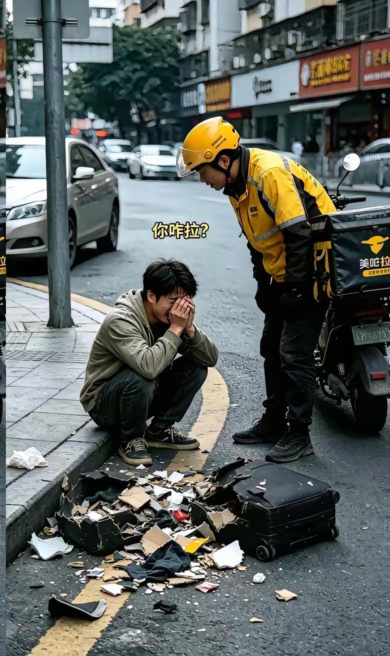 深圳街头，一位19岁小伙蹲在路边崩溃大哭，行李被车压碎，身无分文。路过的外卖小哥