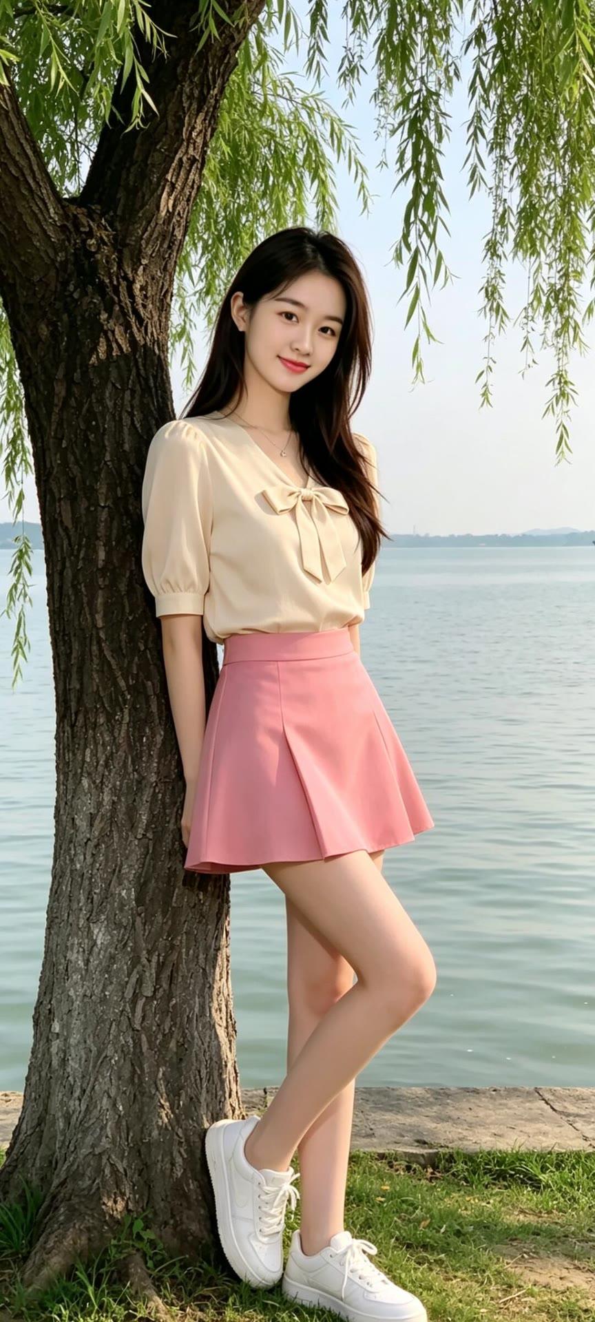 湖畔倚树人，笑语入画来。