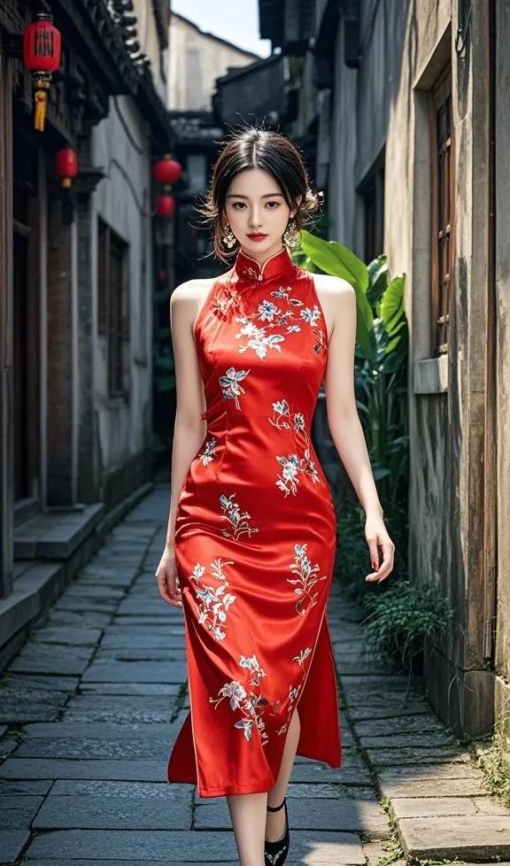 江南水乡，红衣美人，优雅漫步。婉秋美人 旗袍秀美如画 旗袍秀一秀！ 古典倩影 国