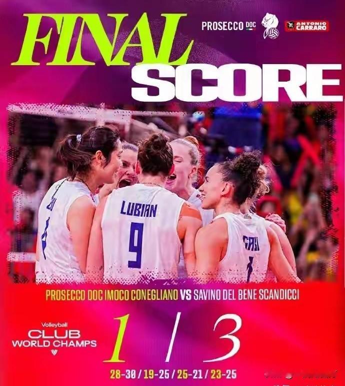 女排世俱杯决赛，朱婷效力的意大利球队科内利亚诺以28-30、19-25、25-2