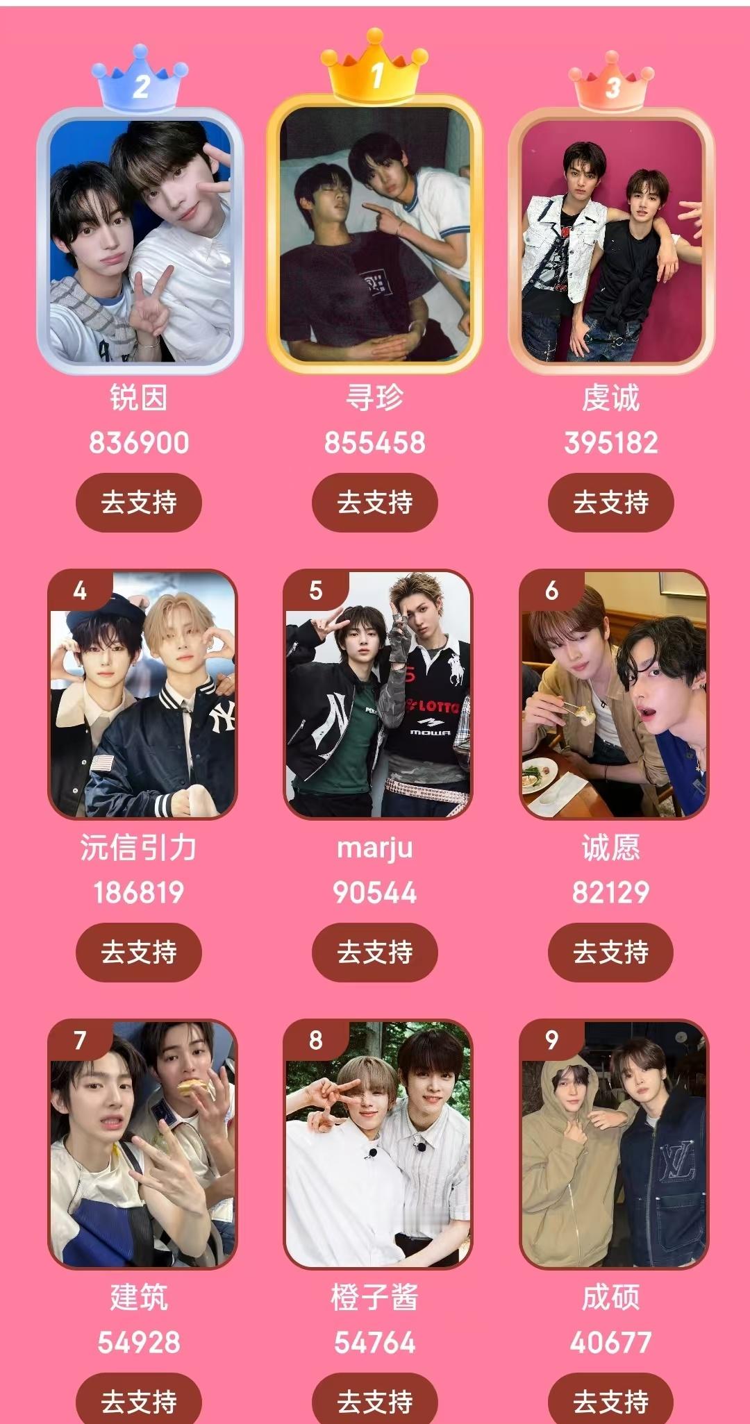 微店 KPOP 六代 CP 总选排名TOP9 1️⃣ 寻珍 金道勋&韩振2️⃣ 