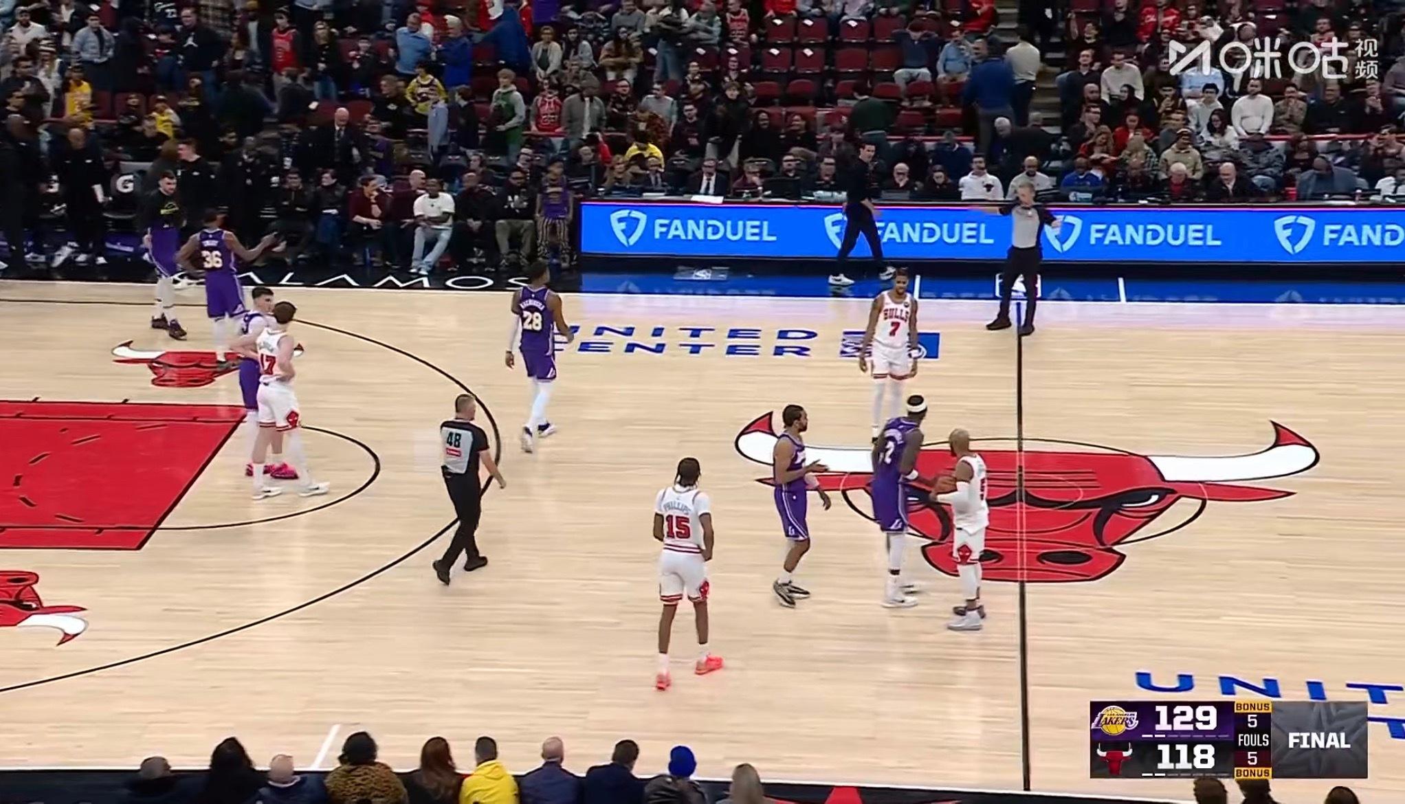 比赛结束，湖人队终结公牛的4连胜！在公牛的主场完成了上赛季被运气绝杀的复仇！ 湖