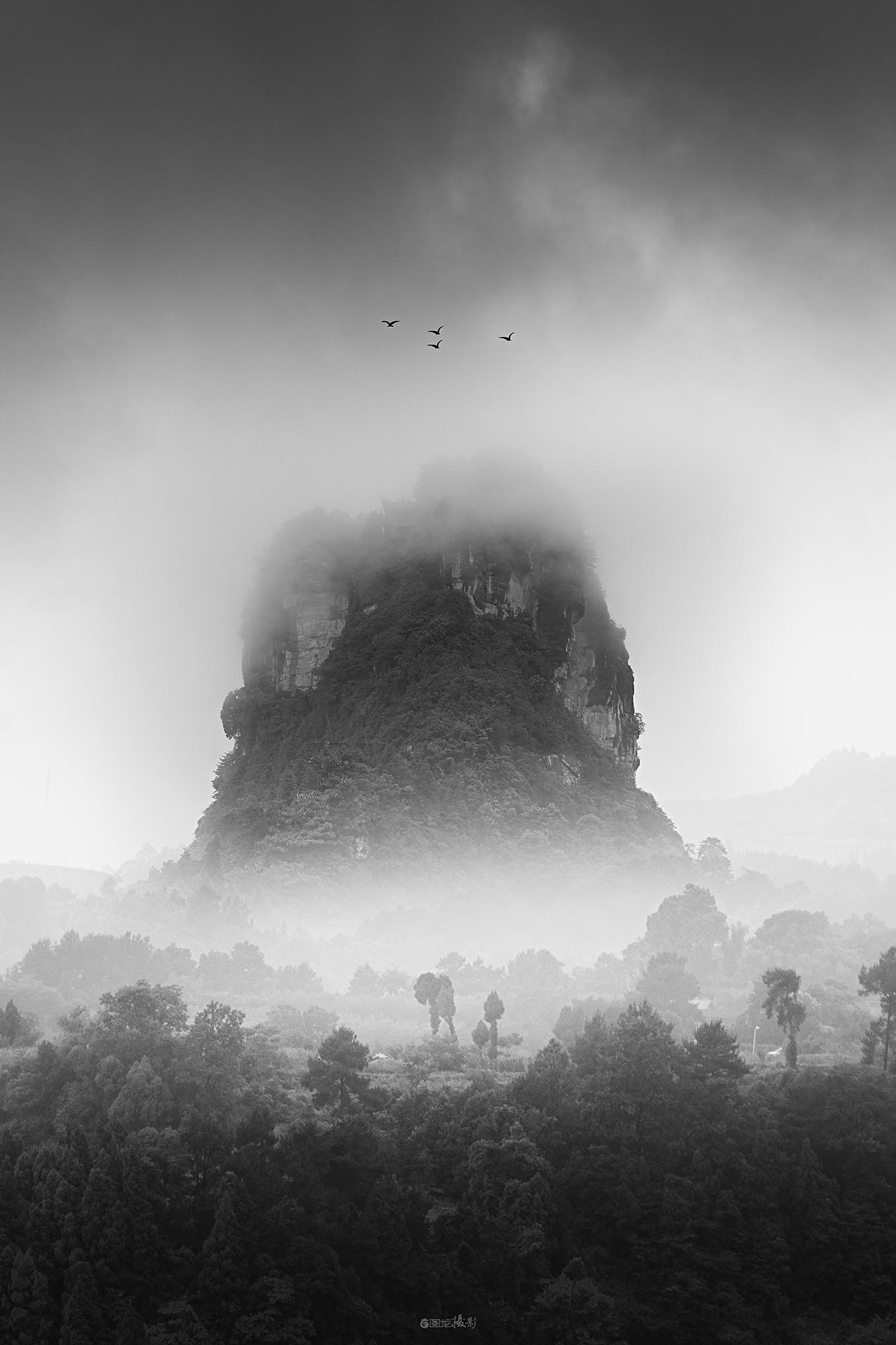 雾里的山。这帧黑白像山在雾里写的诗：峰尖半藏在云气里，墨色的绿裹着崖的...