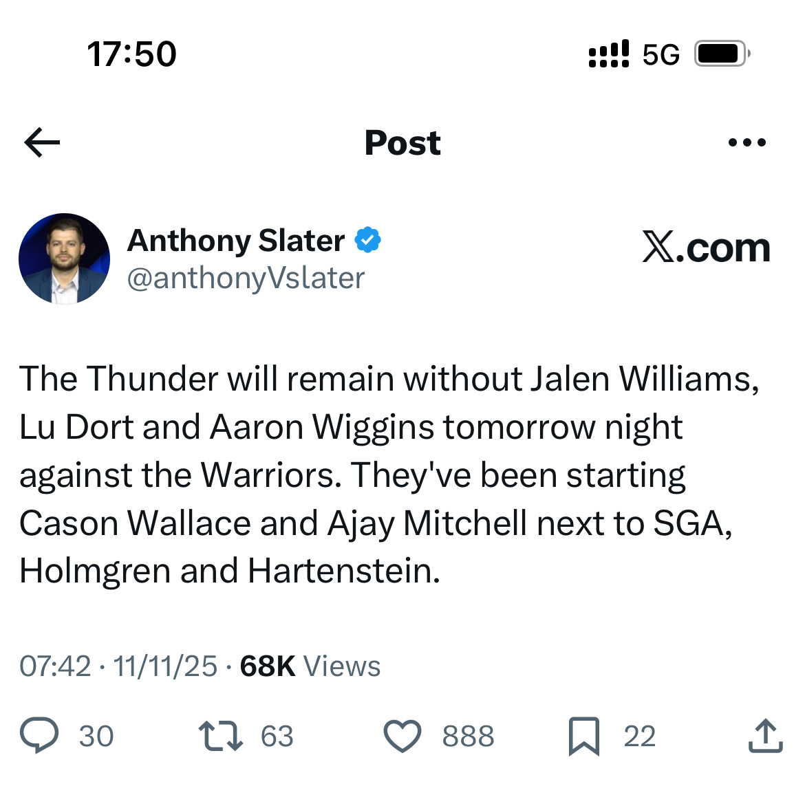 明天雷霆杰伦-威廉姆斯，多尔特和阿龙-维金斯不打，但这个确实影响不大，人家雷霆联