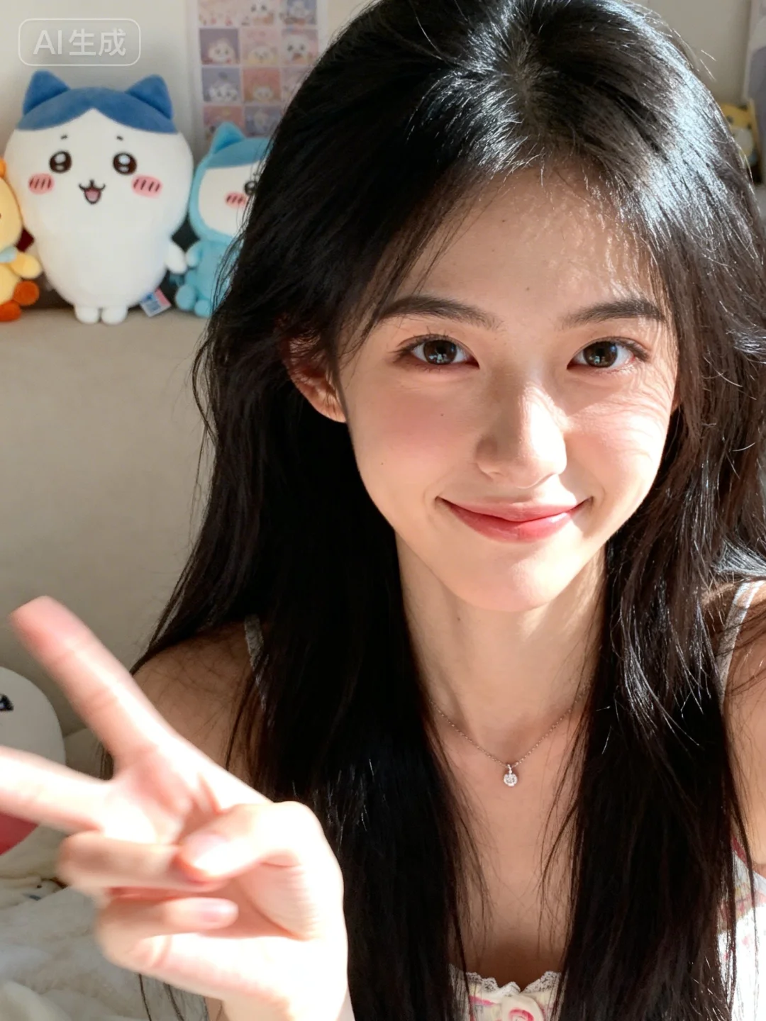 一位可爱甜美的女生，以近景视角呈现于充满童趣的室内场景（可爱玩偶、卡通...