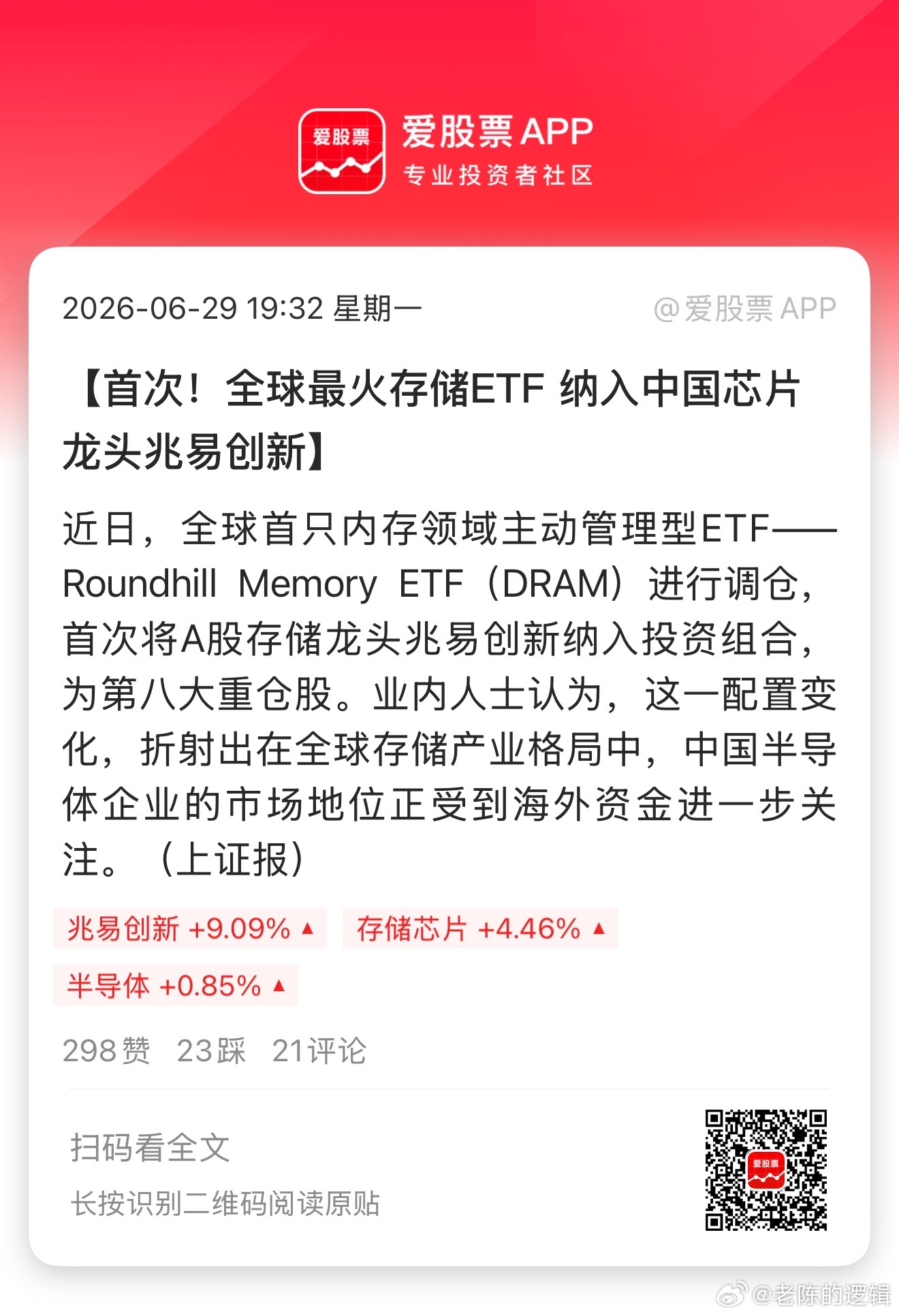 全球最火最火存储ETF纳入兆易创新，成为第8大重仓股，占比2.91%。前四名是三