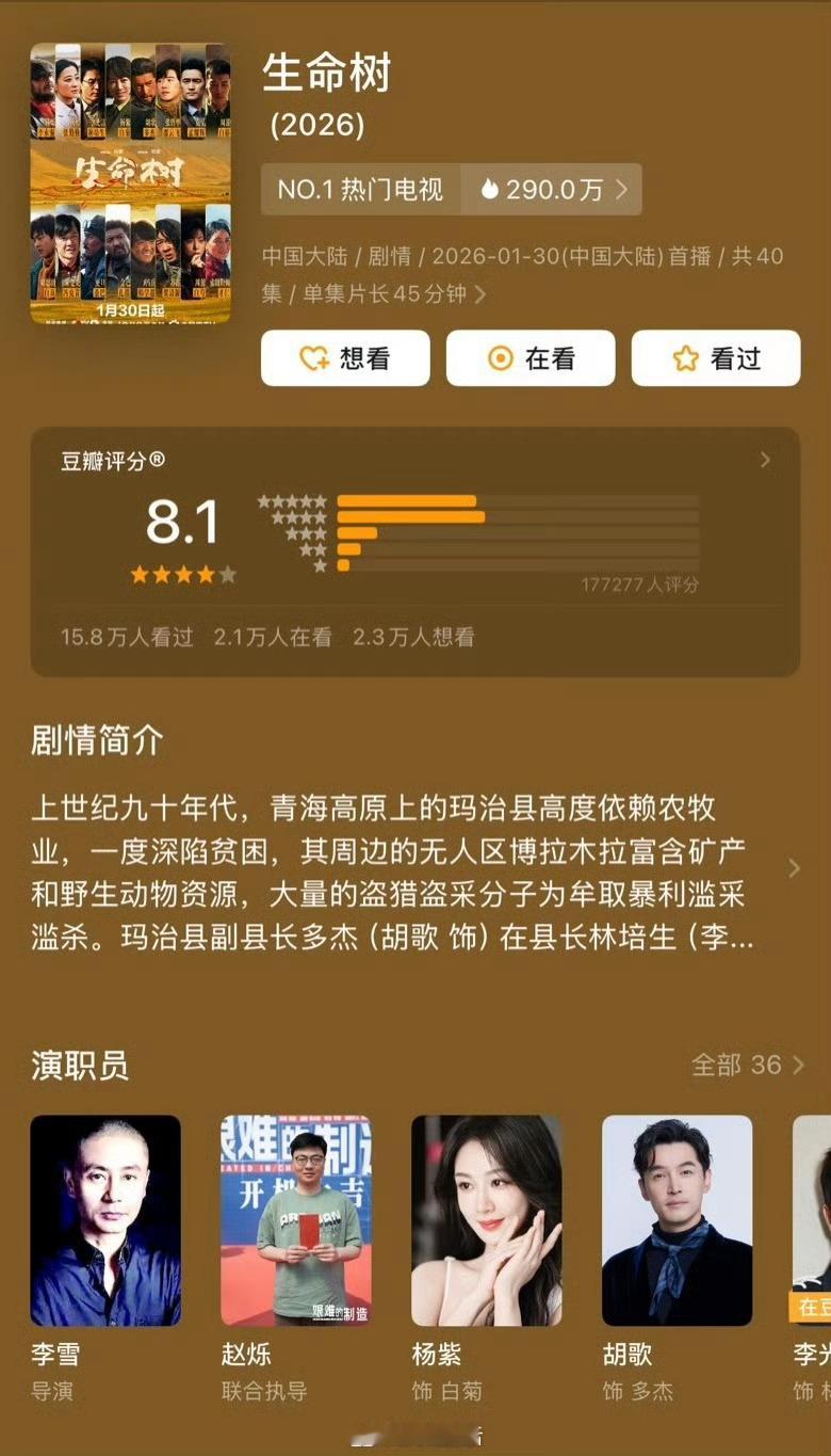 恭喜杨紫生命树豆瓣开分8.1，17万人打分，又一部口碑爆款！
