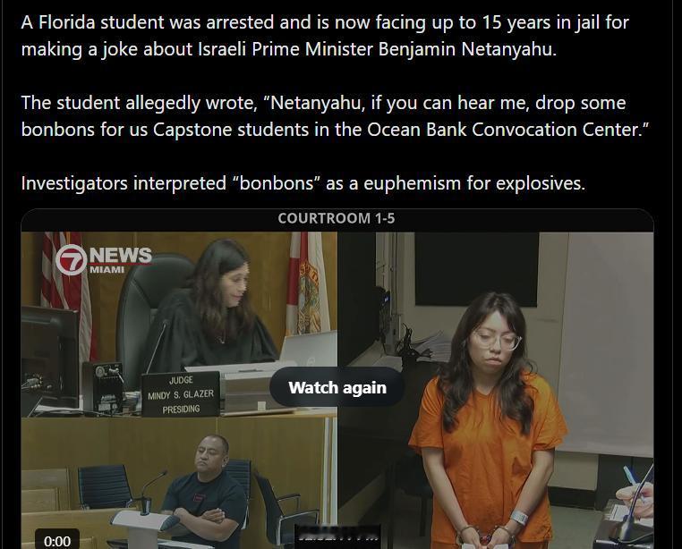 一名佛罗里达学生因开以色列总理本杰明·内塔尼亚胡的玩笑被捕，目前面临最高15年监