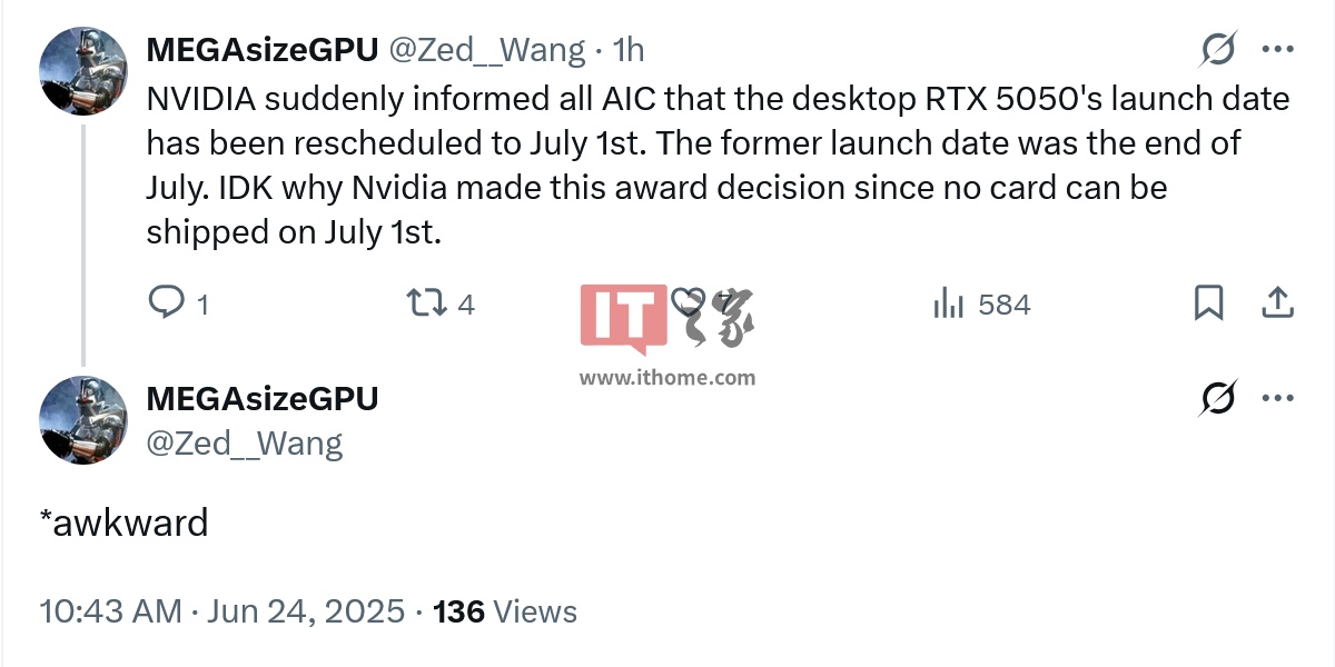 消息称英伟达桌面端 RTX 5050 显卡今晚信息解禁，7 