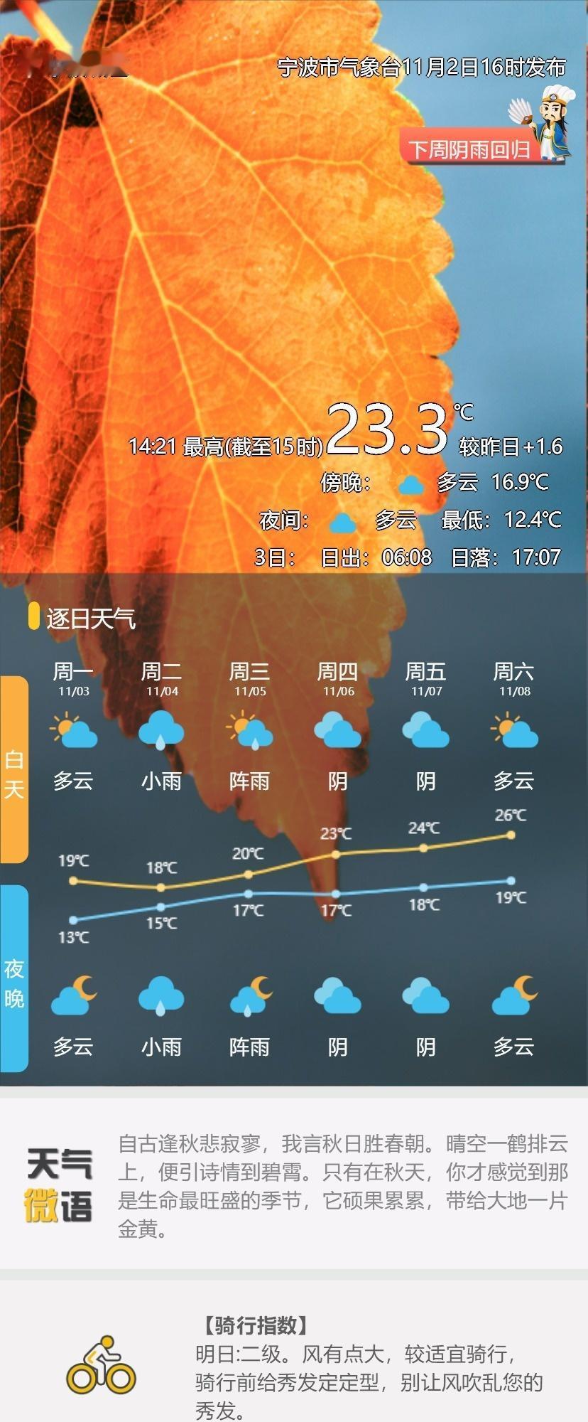 【5G天气】虽然云系还较多，但今天阳光可谓诚意十足，气温也是挺舒适，桂花盛放，走