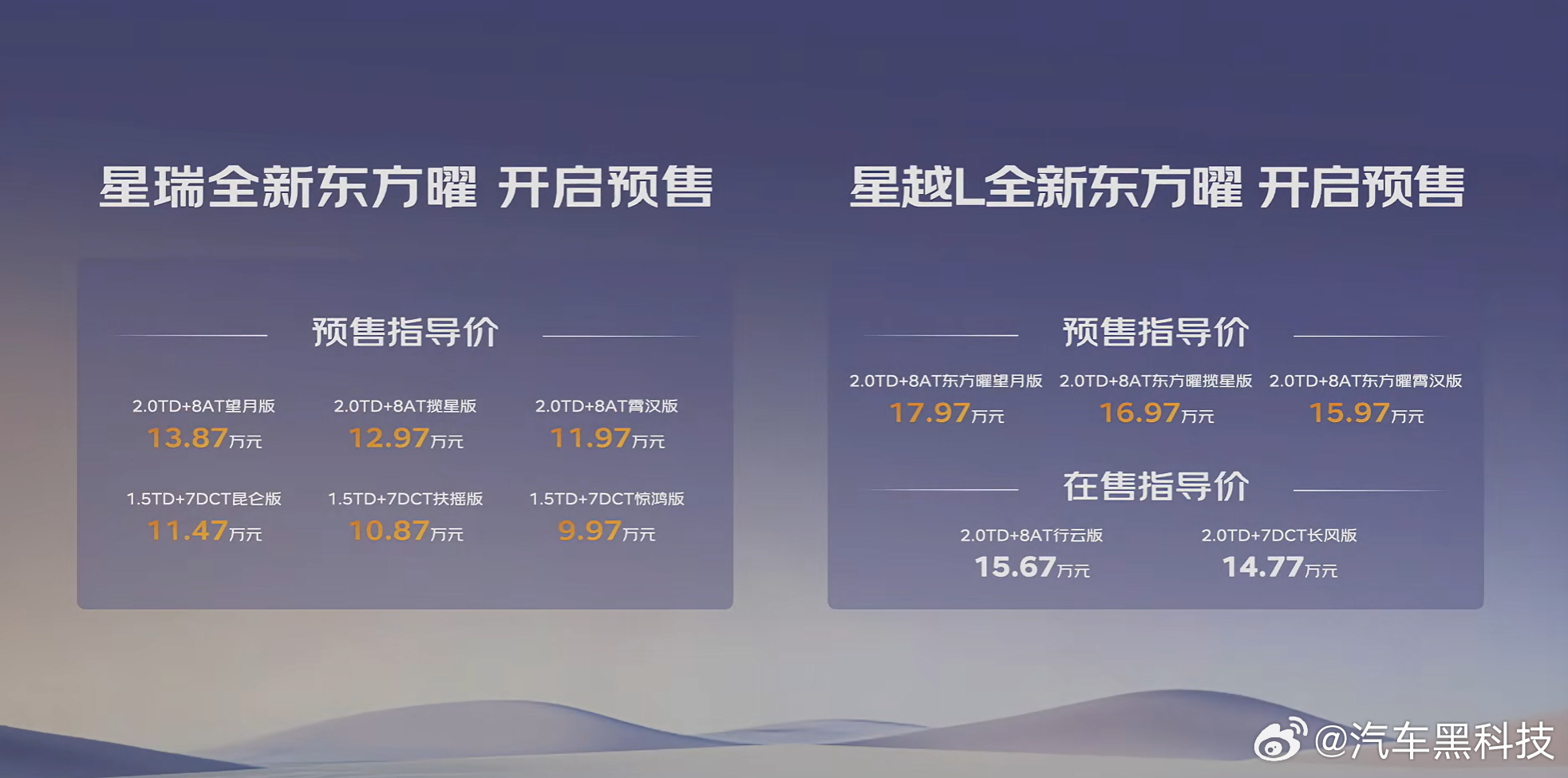 吉利全新东方曜预售9.97万起   9月9日，吉利中国星全新东方曜系列正式公布预