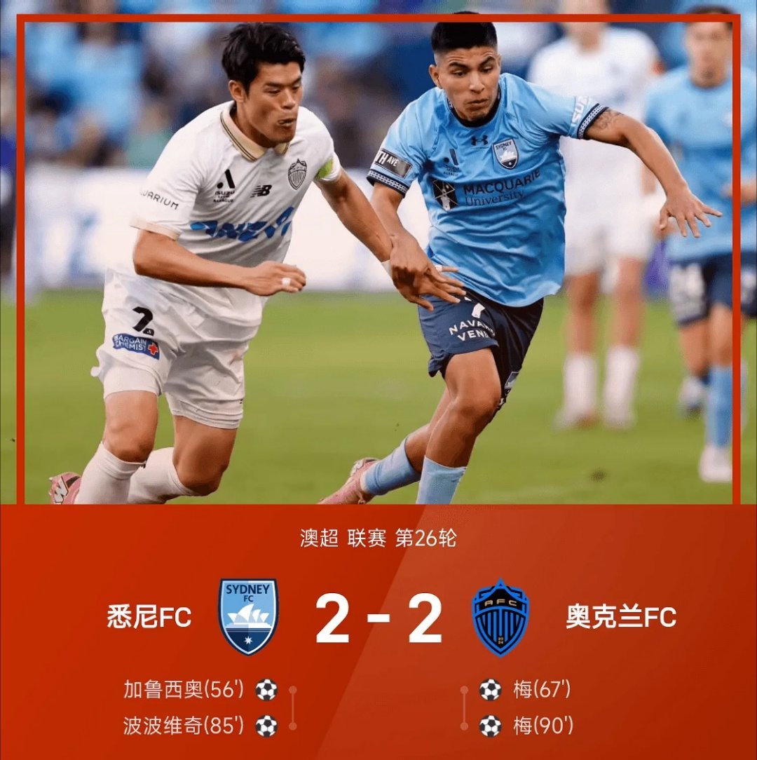 足球战报:04月26日  25/26赛季澳超联赛第26轮，悉尼FC2-2战平奥克