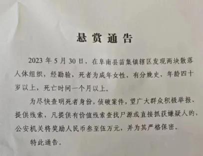 一个分尸案件，5月30日，在阜南县苗集镇辖区发现两块散落人体组织，经勘验，死者为