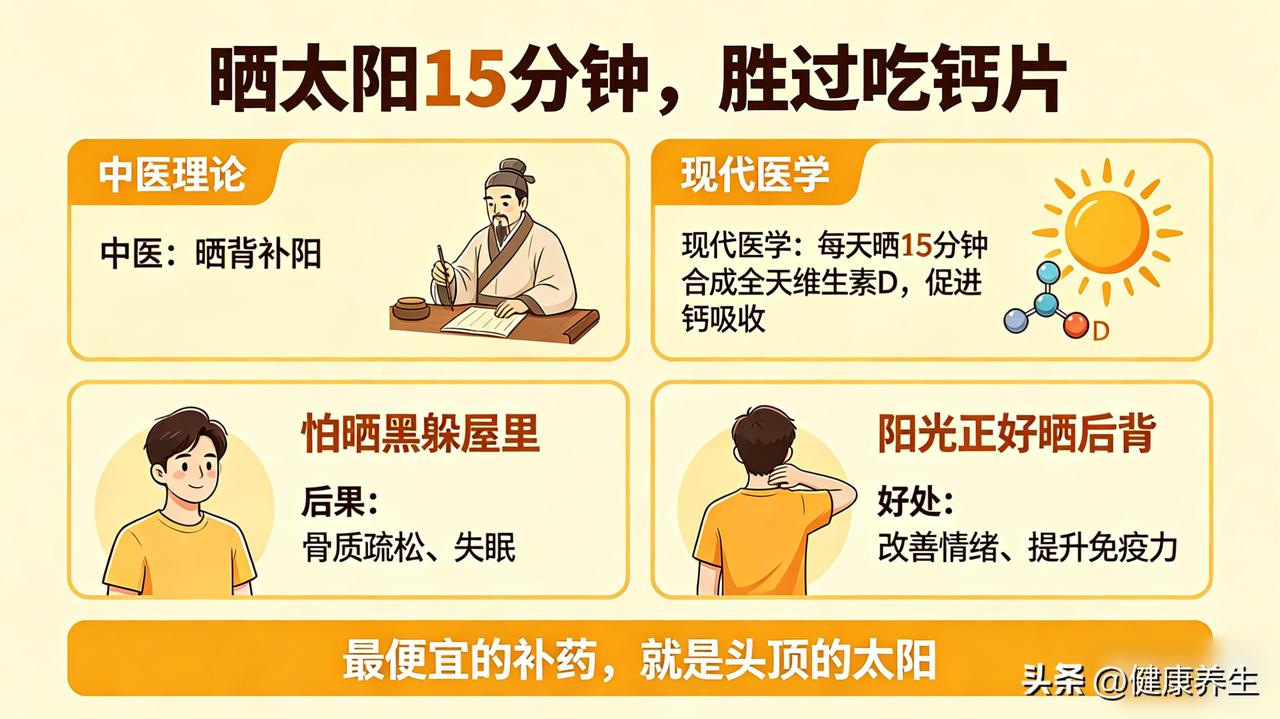 晒太阳15分钟，胜过吃钙片。

中医讲“晒背补阳”，现代医学也证实，每天晒15分