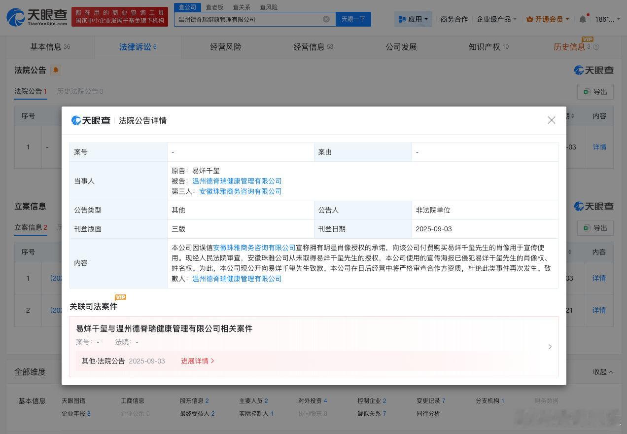 【曾侵权易烊千玺公司被罚180万】天眼查经营风险信息显示，近日，温州德脊瑞健康管