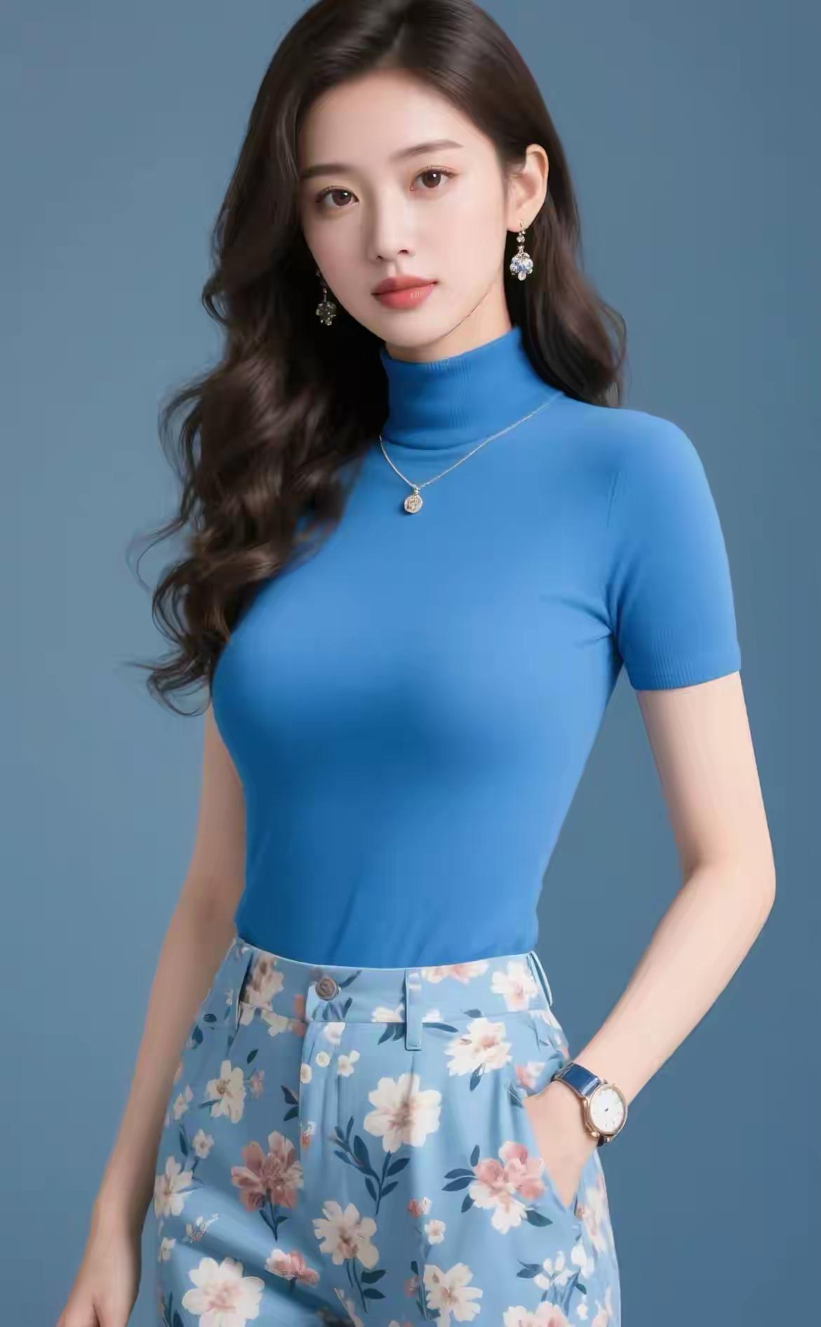 优雅蓝调穿搭，清新花朵裙摆，尽显女性魅力！🌸💙