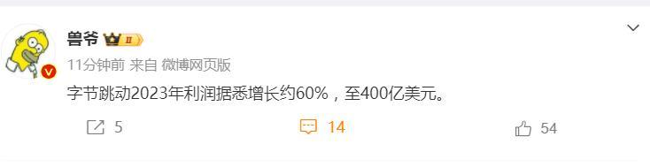 大V爆料，字节跳动2023年净利润增长约60%，已经达到了400亿美元的量级，我