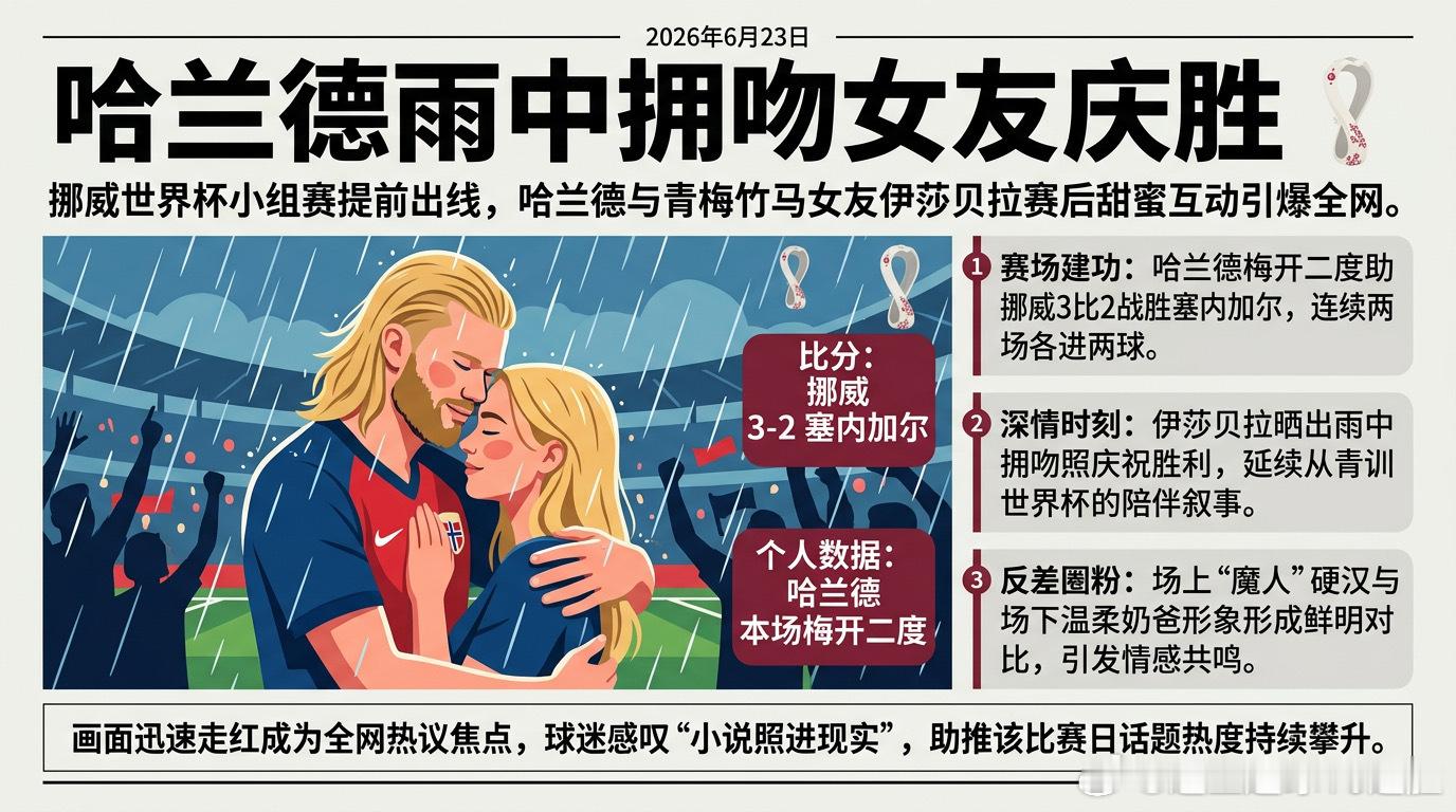 6月23日世界杯，挪威3比2击败塞内加尔提前出线。赛后哈兰德和女友伊莎贝拉在雨中