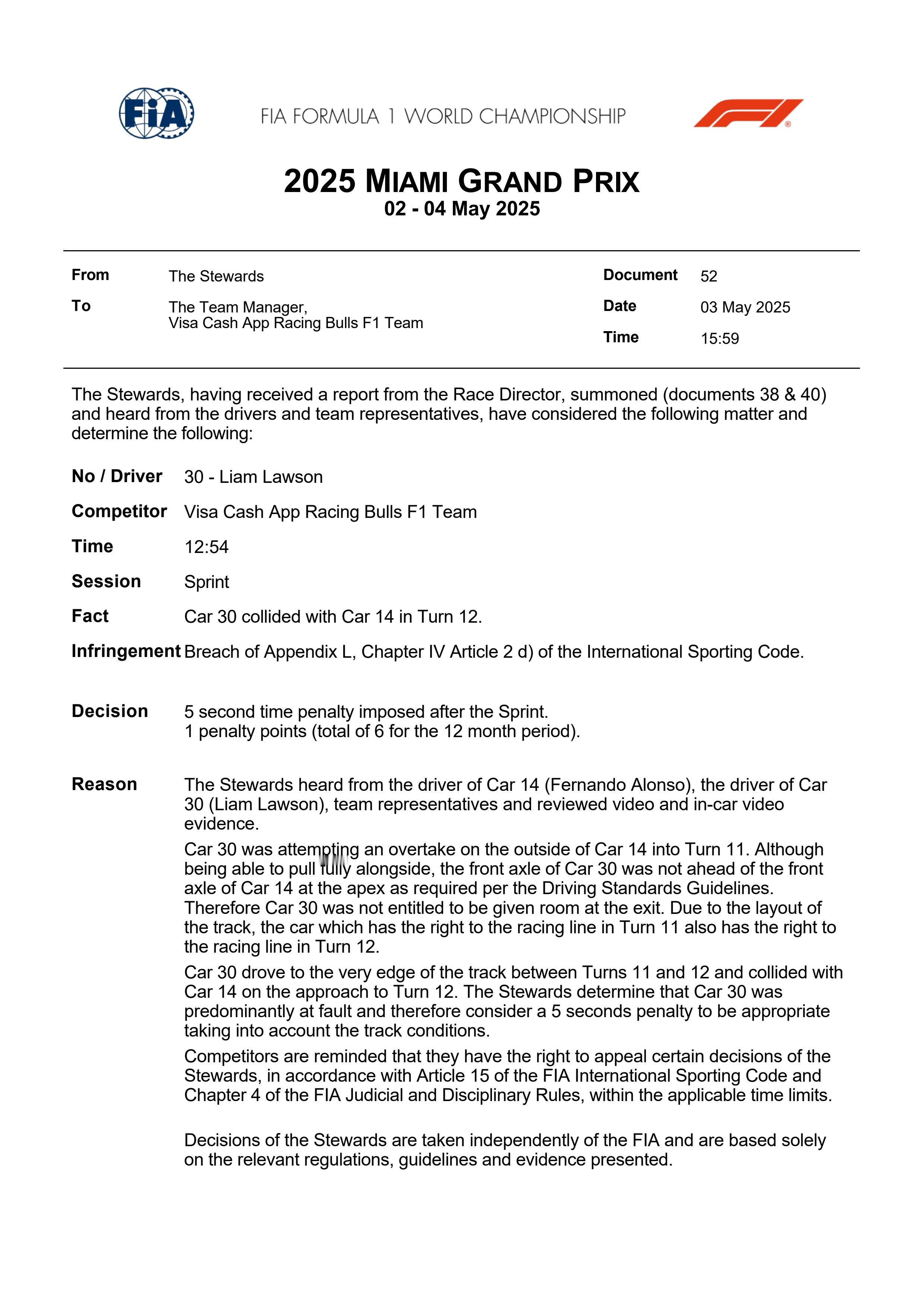 劳森由于导致和阿隆索事故被罚5秒，也将错失积分F12025F1迈阿密大奖赛 ​​
