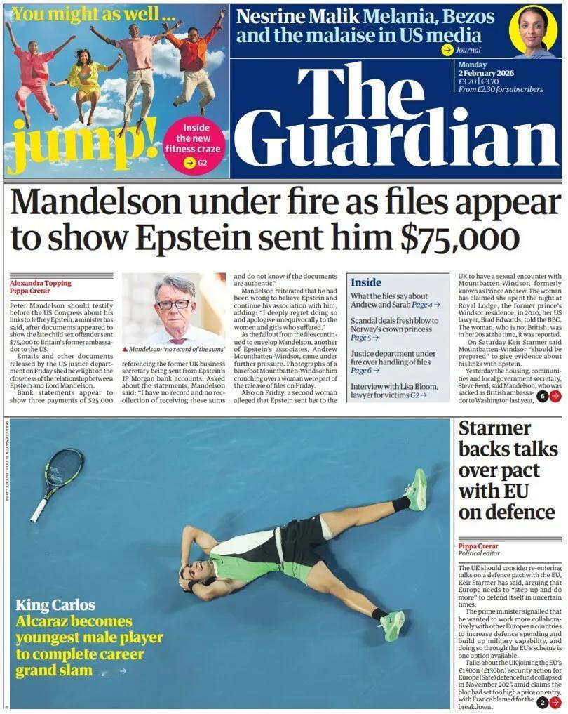 据《卫报》报道，有关性犯罪富商爱泼斯坦档案显示前英国驻美国大使彼得·曼德尔森从杰