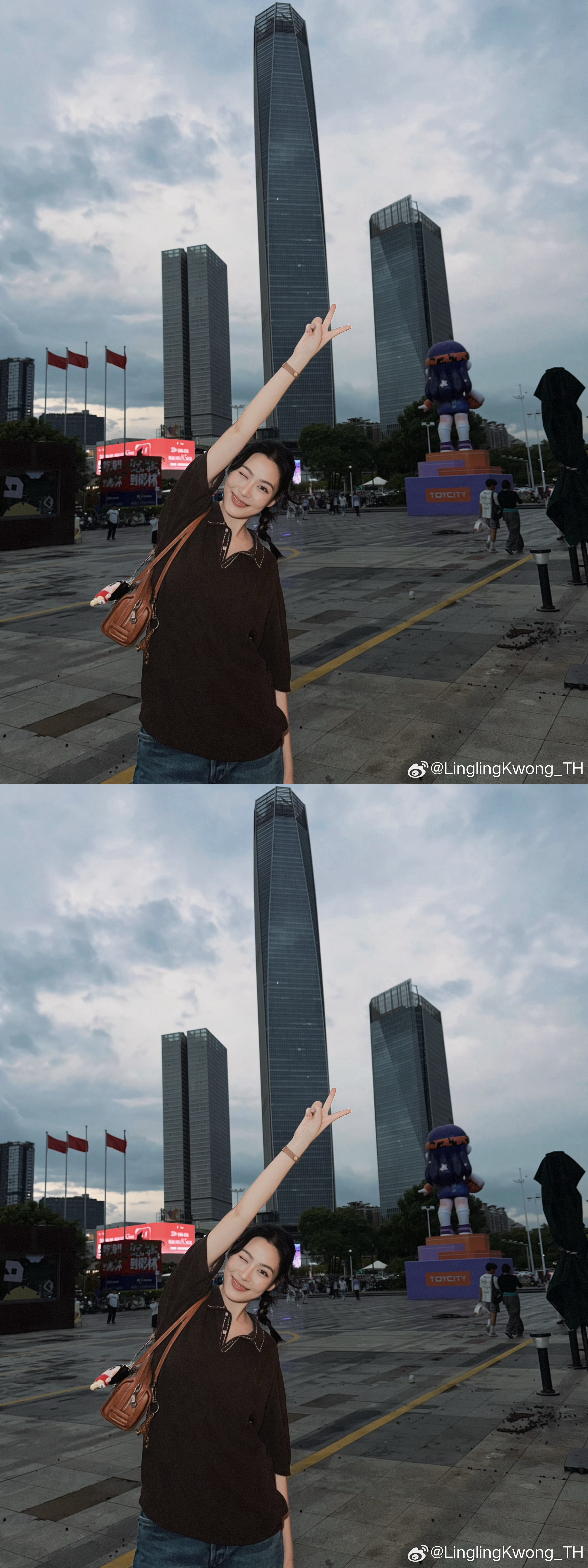 邝玲玲晒东莞打卡照 邝玲玲晒东莞打卡照  剪刀手wink 好可爱啊 邝邝多回家