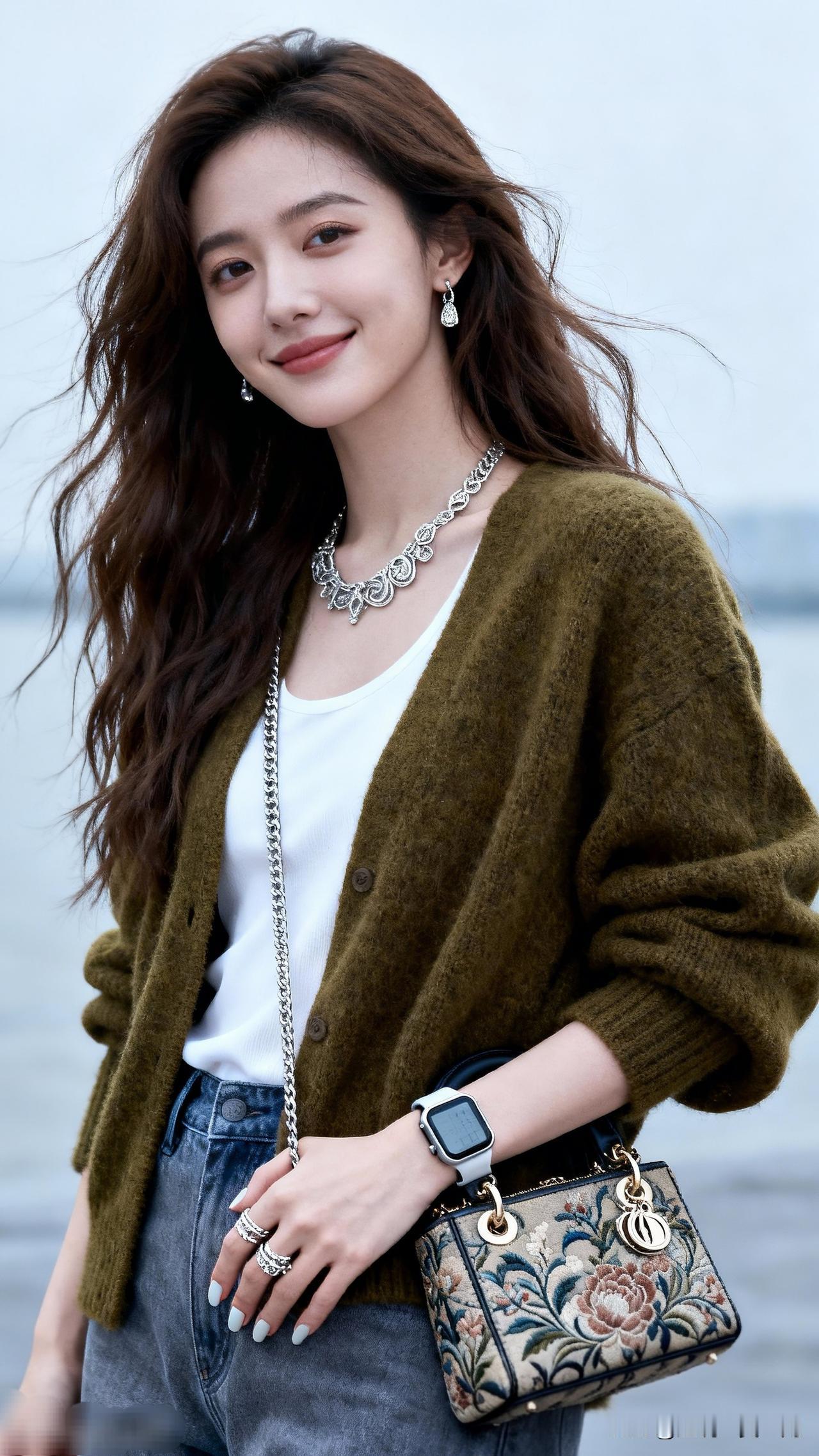 温柔秋日穿搭，复古绿毛衣搭配珍珠项链，元气满满！优雅自信穿搭分享