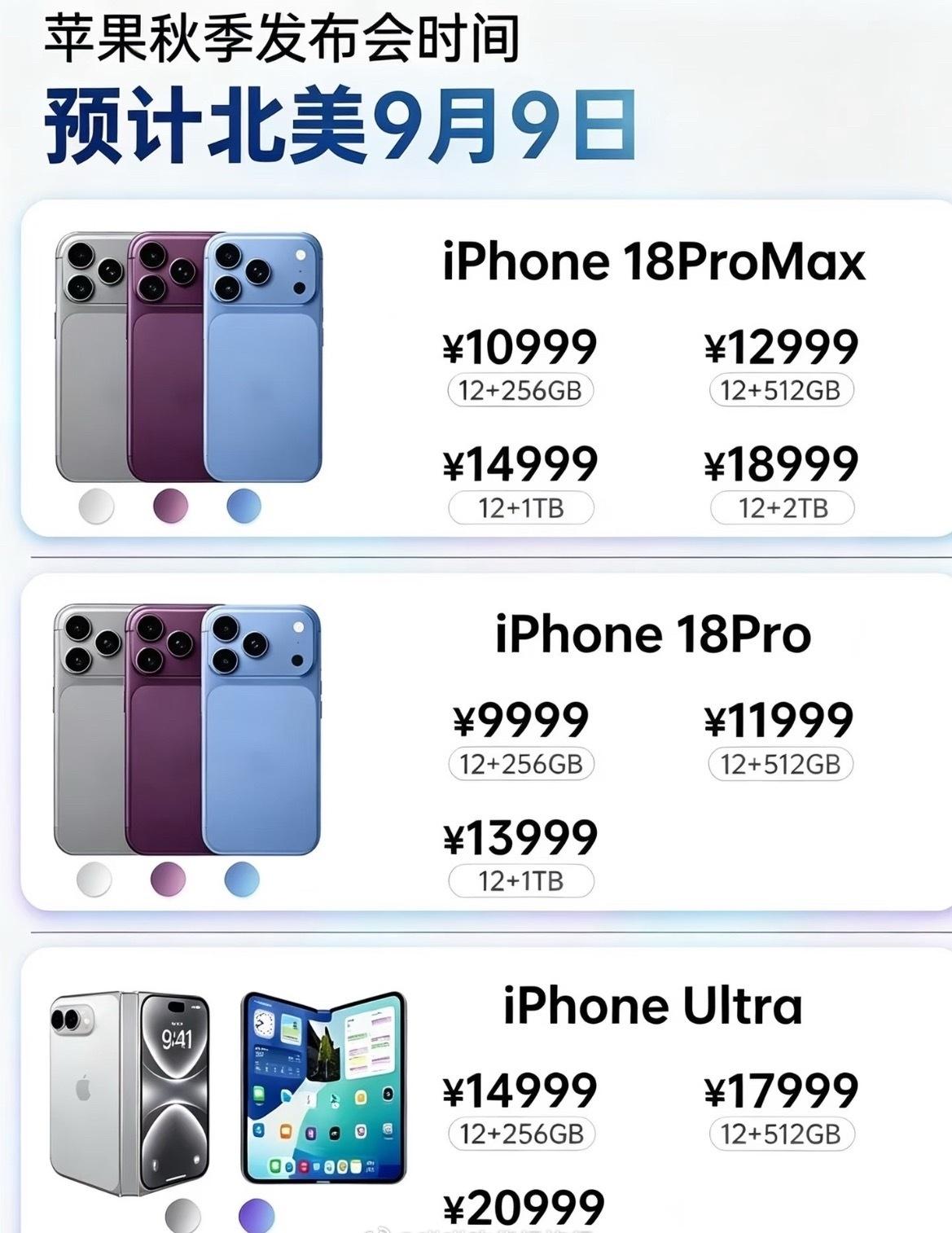 下周就是苹果秋季发布会了
iPhone 18pro这个价钱预测是涨价的意思吗[捂