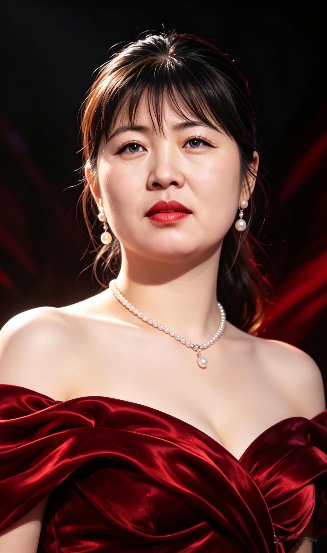 红裙佳人立眼前，
肤白颜美绽欢颜。
珍珠项链身上佩，
气质超凡众人怜。
速至评论