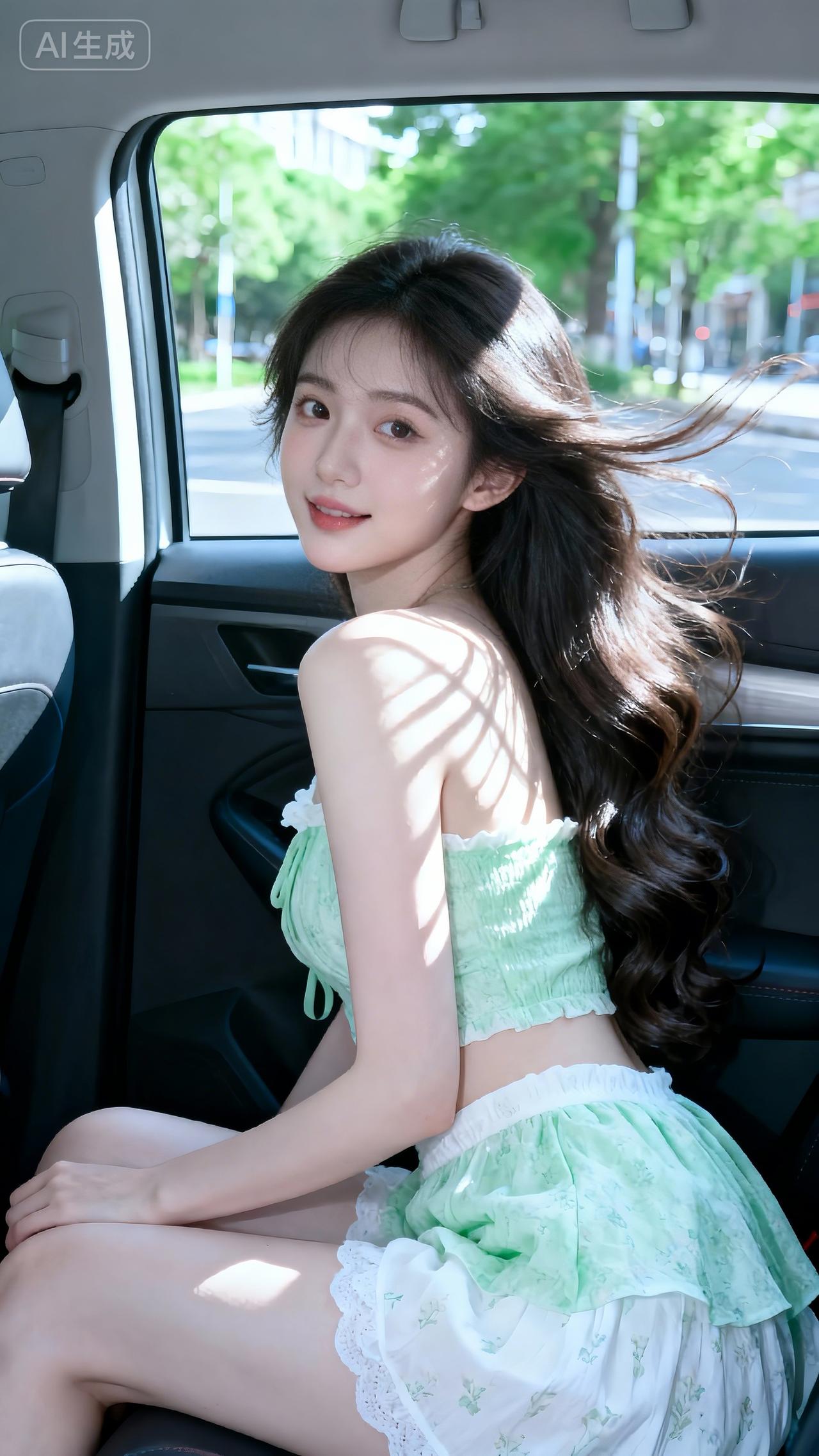 车内甜韵，绿碎花套装配卷发，纯欲清新夏日风棕色碎花裙 棕色碎花半身裙 复古蓝碎花