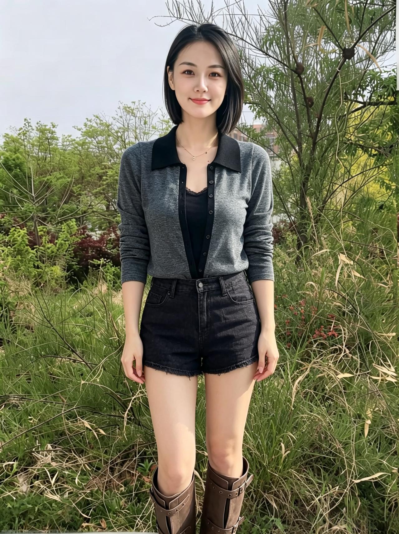 陌上相逢惊绝俗，灰衣短发胜瑶华。
笑涡浅露春风意，引得枝头落满霞。