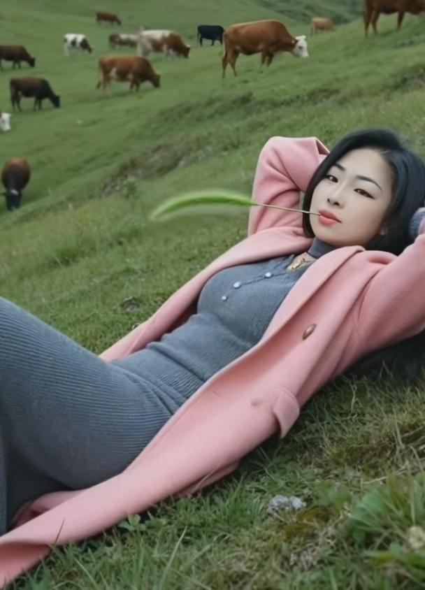 在绿茵茵的草地上悠然度过闲适时光，与牛群相伴的惬意午后。在这样的场景中，身材的概