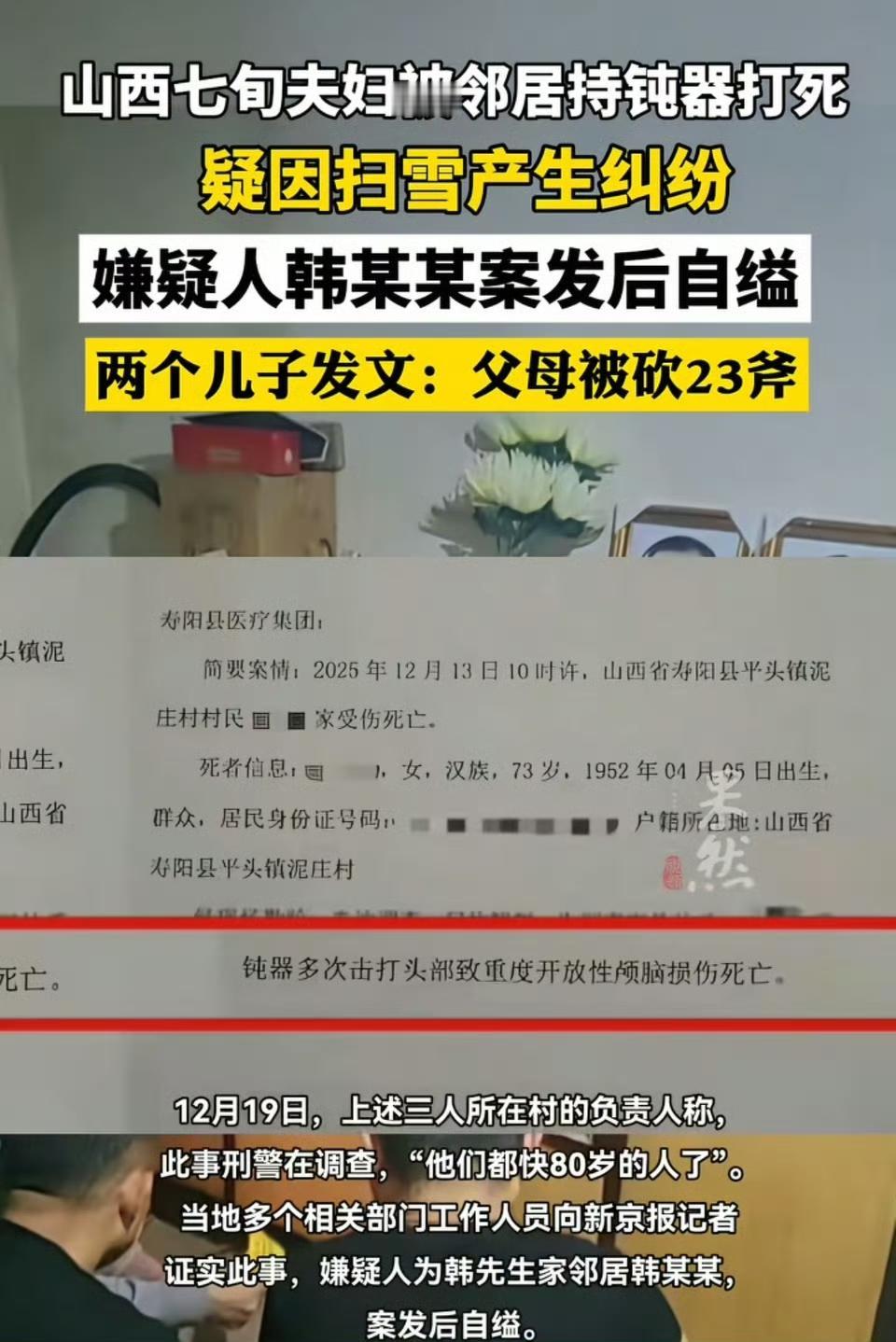 山西寿阳悲剧！七旬夫妇疑因扫雪起冲突，被邻居持钝器打死
 
12月18日，山西晋