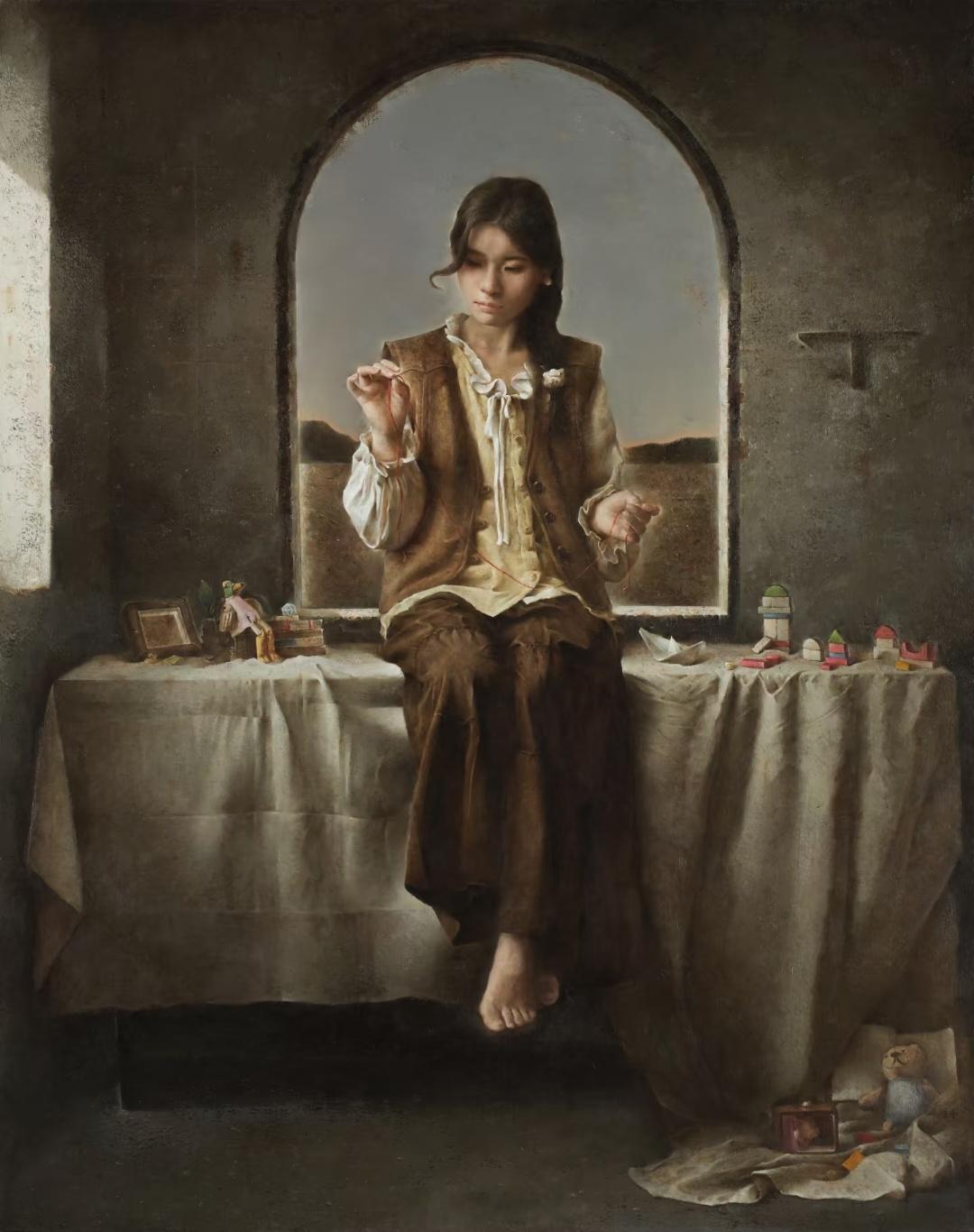 木子亮油画《思忆》170x135cm 2026沉陷在回忆里安静独处的状态，将童年