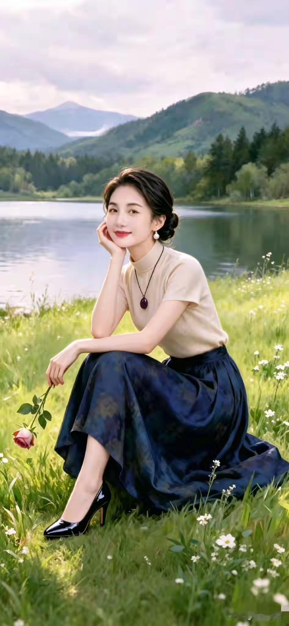 在湖边，一位女子坐在草地上，手拿一朵玫瑰。