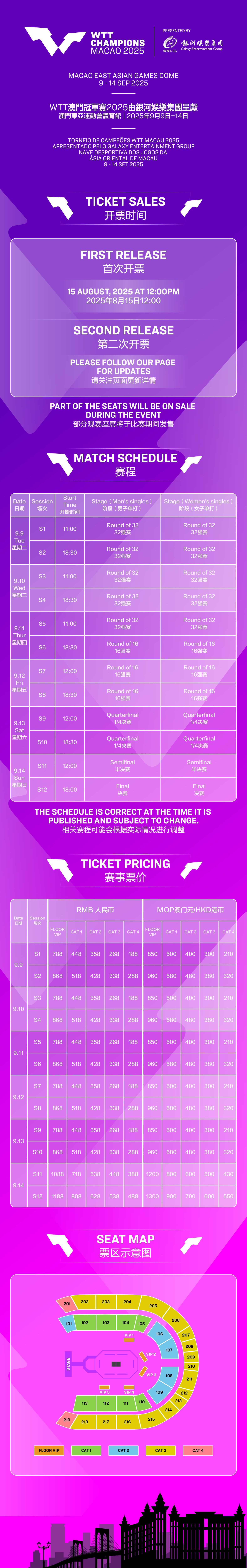WTT冠军赛澳门站丨售票信息【首次开票时间】8月15日12:00【票价】188元