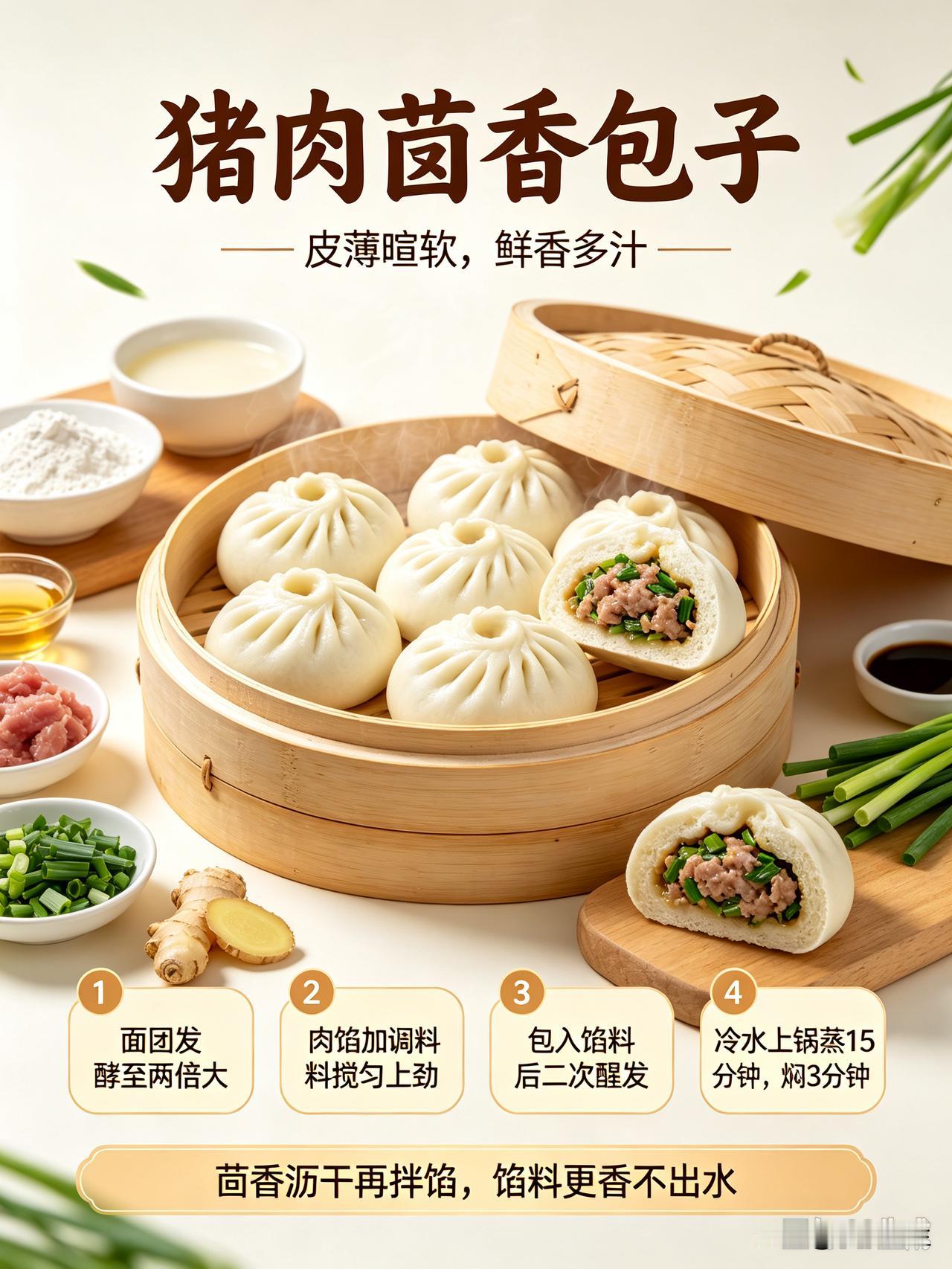 面粉加温水、酵母揉成光滑面团，放温暖处发酵至两倍大。茴香洗净沥干切碎；猪肉剁成肉