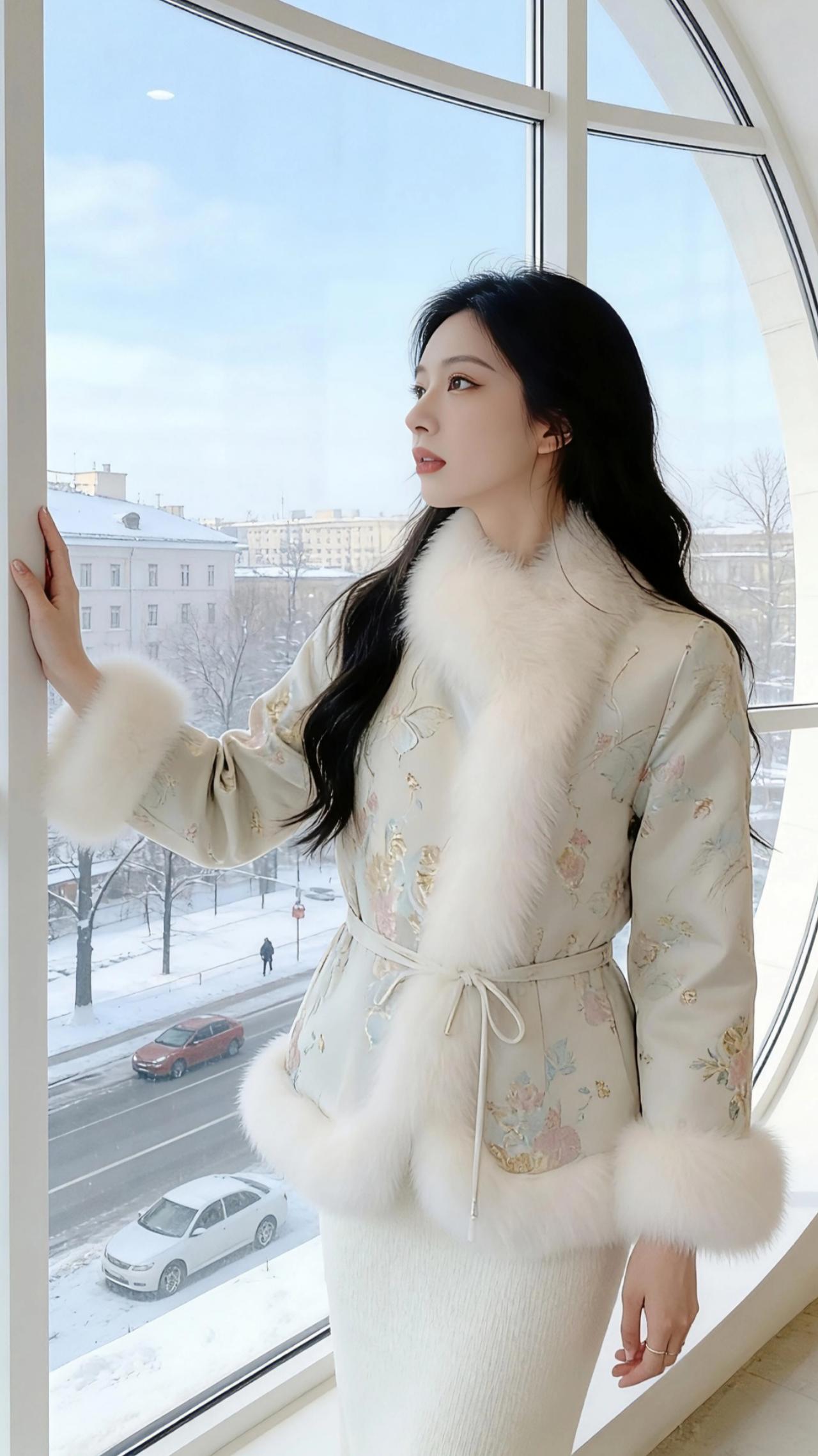 雪窗畔的绒香
 
冬日的窗棂框住了一城碎雪，街衢上的车辙碾过积玉，行人的步履轻踩