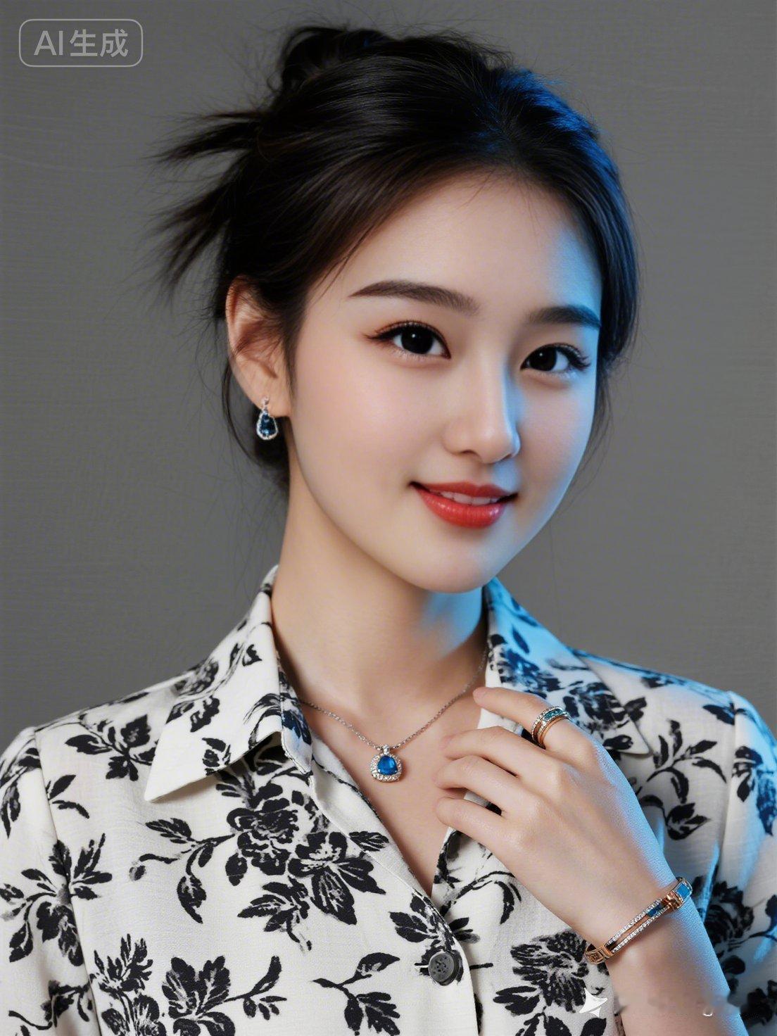 温柔甜美的少女，黑白花卉衬衫搭配精致饰品，尽显优雅气质。