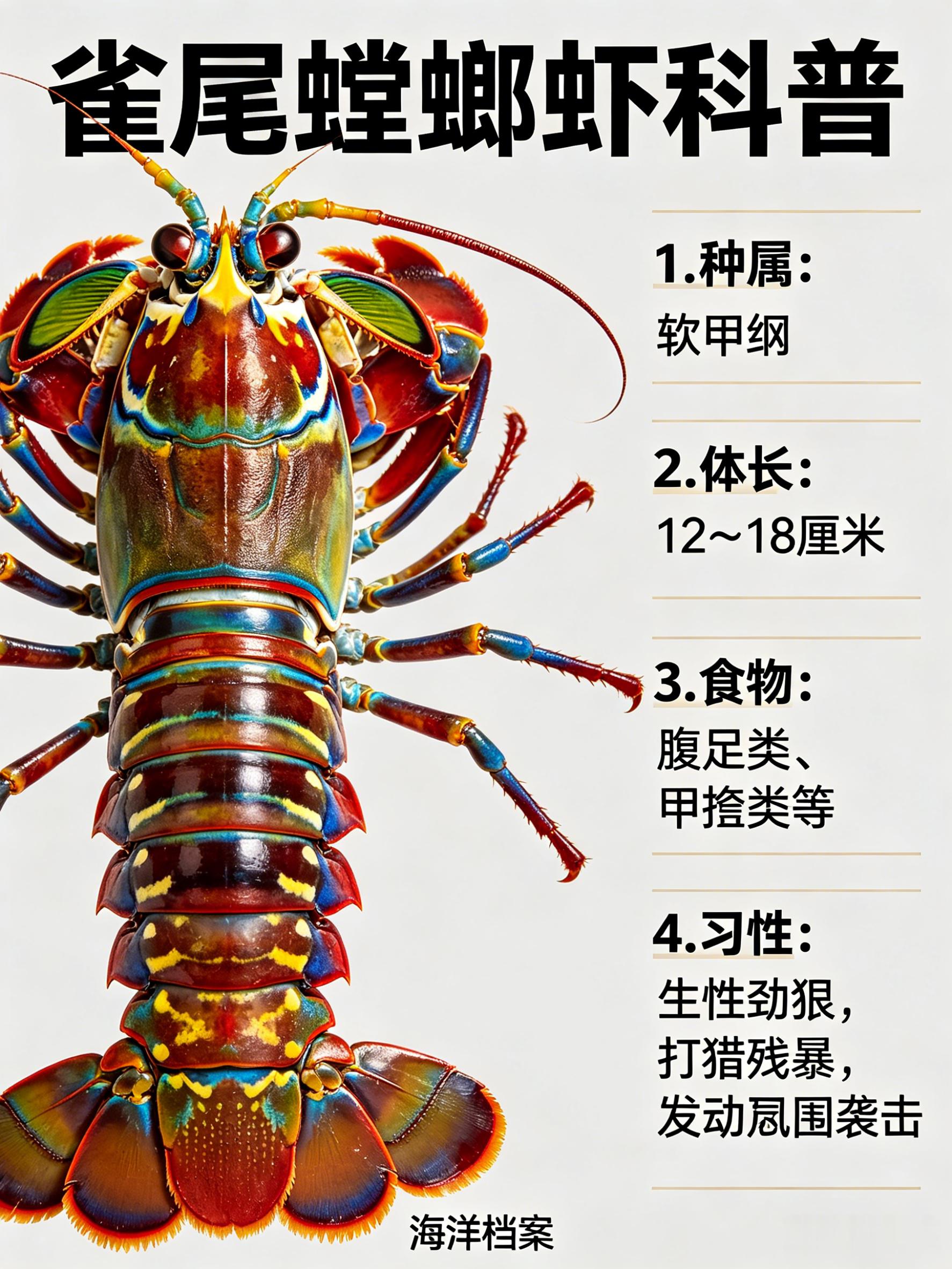 海洋朋友圈 雀尾螳螂虾海洋档案种　属：软甲纲体　长：12～18厘米食　物：腹足类