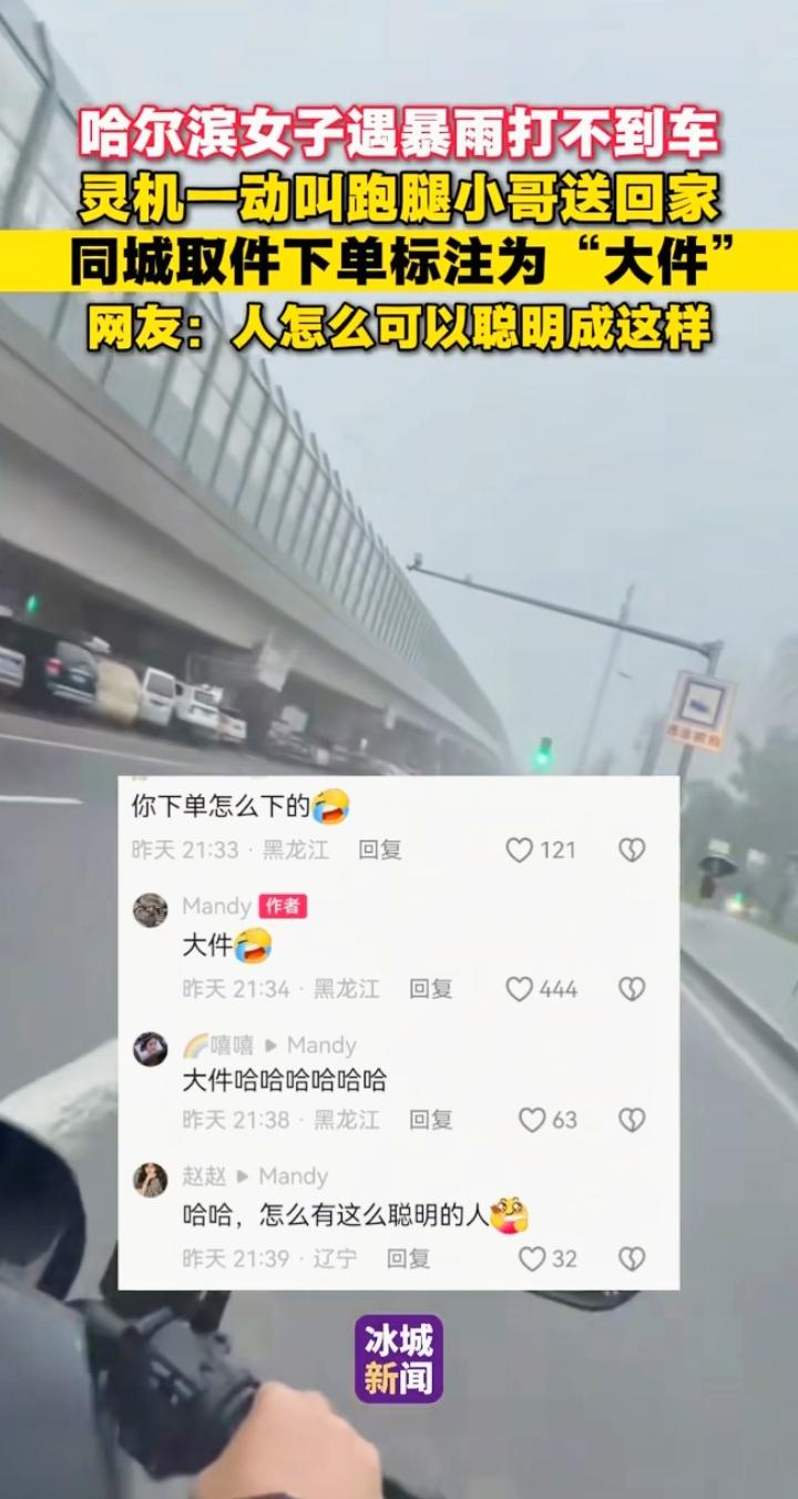 暴雨打不到车，女子下单跑腿送自己回家：生活的变通，藏着普通人的智慧
 
哈尔滨突