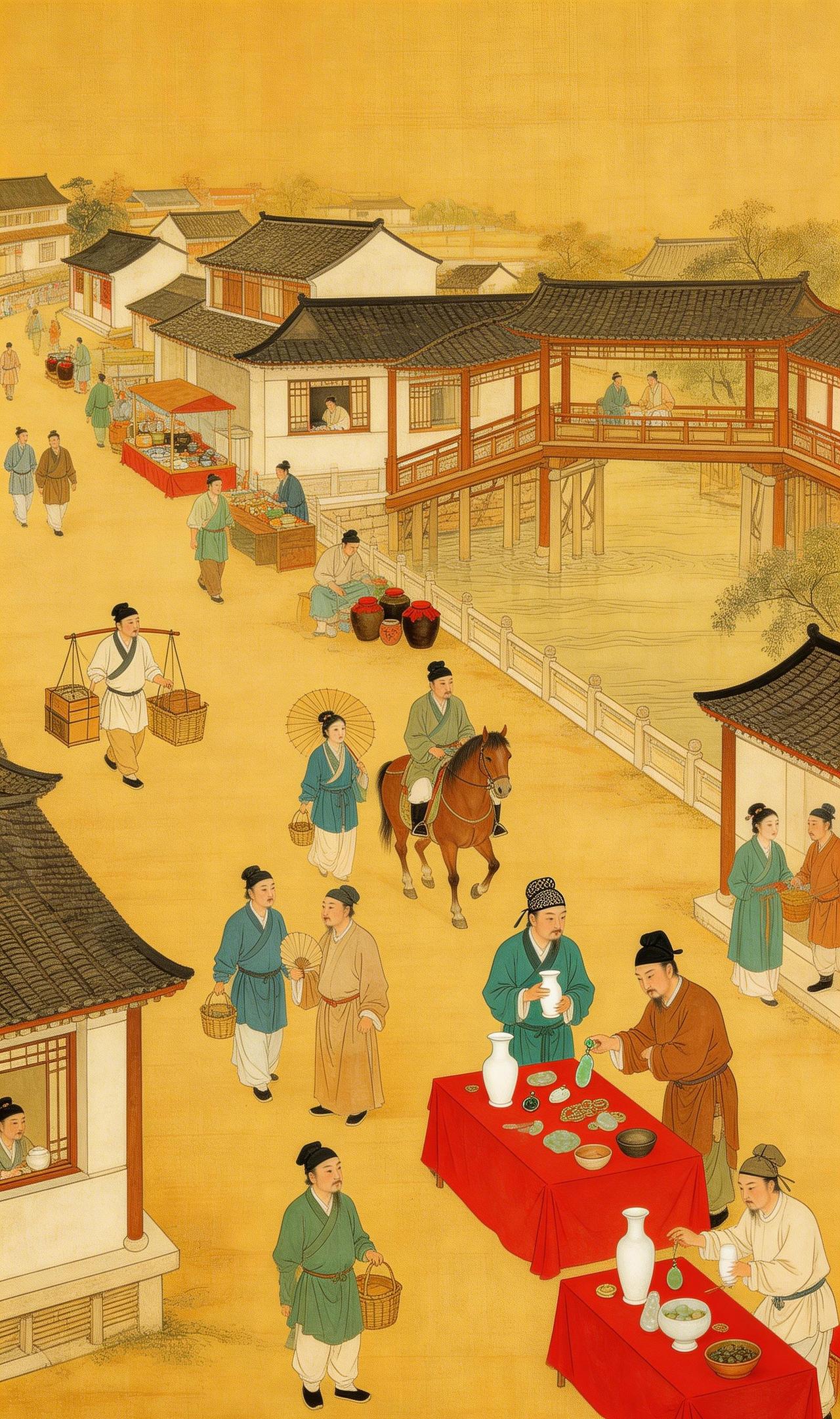 市井长卷：明代江南繁华图
青绿衣衫攒动处，红布摊前瓷瓶温。货郎担挑四时鲜，书生摇