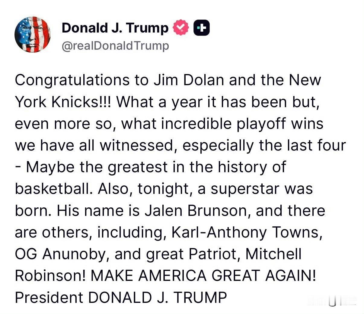 美国总统特朗普在线祝贺尼克斯：

恭喜吉姆·多兰和纽约尼克斯队！！！这一年堪称传