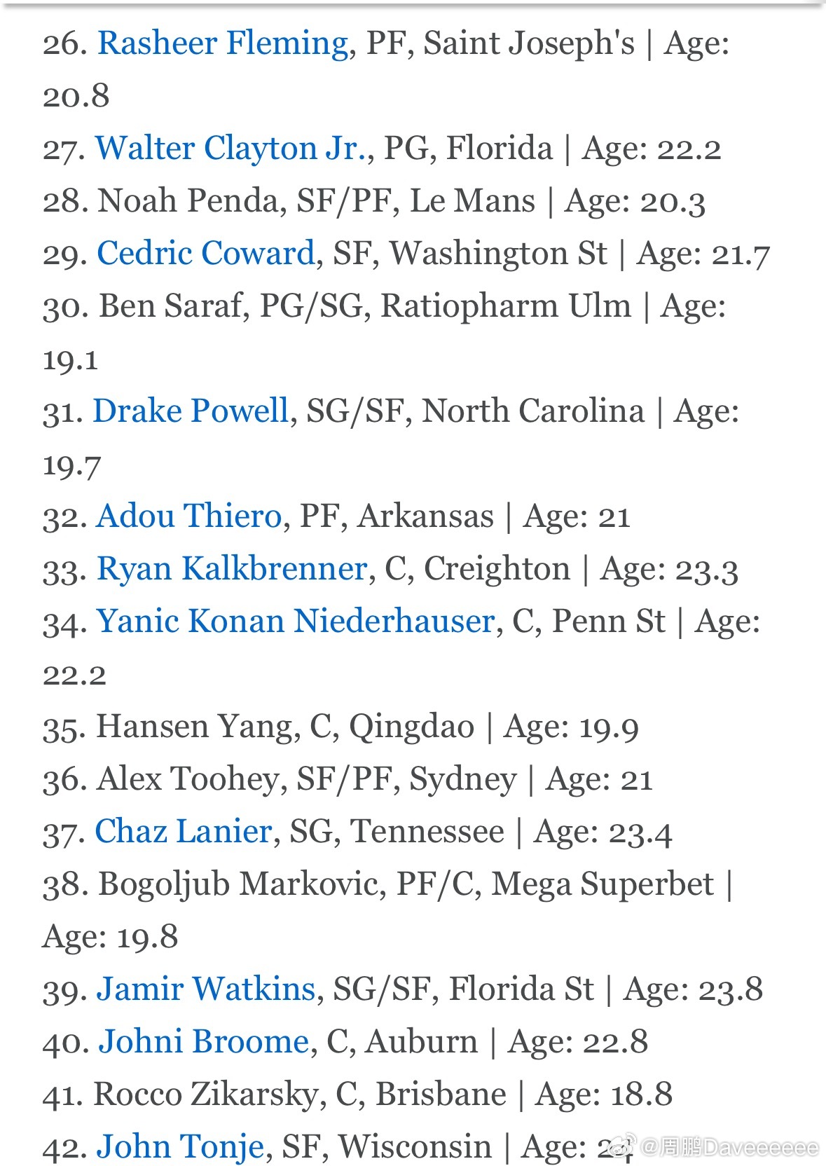 ESPN更新了Top100实力榜单，杨瀚森已经来到第35位，亚库西奥尼斯依然第1