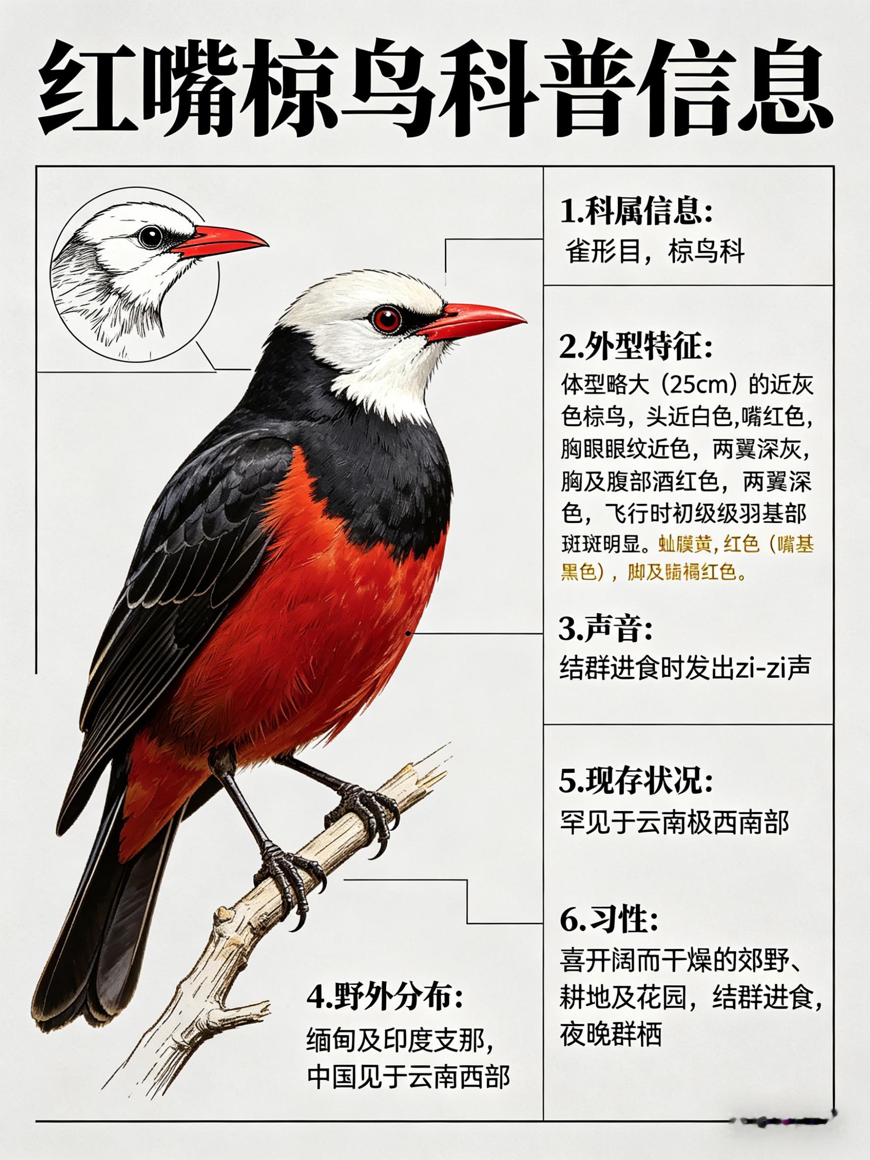 鸟类朋友图鉴 红嘴椋鸟·科属：雀形目，椋鸟科。·外形特征：体型略大（25cm）的
