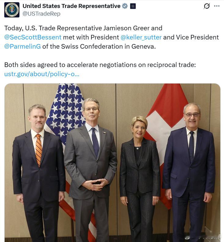 美国贸易代表贾米森·格里尔与财政部长斯科特·贝森特在日内瓦会见了瑞士联邦总统凯勒
